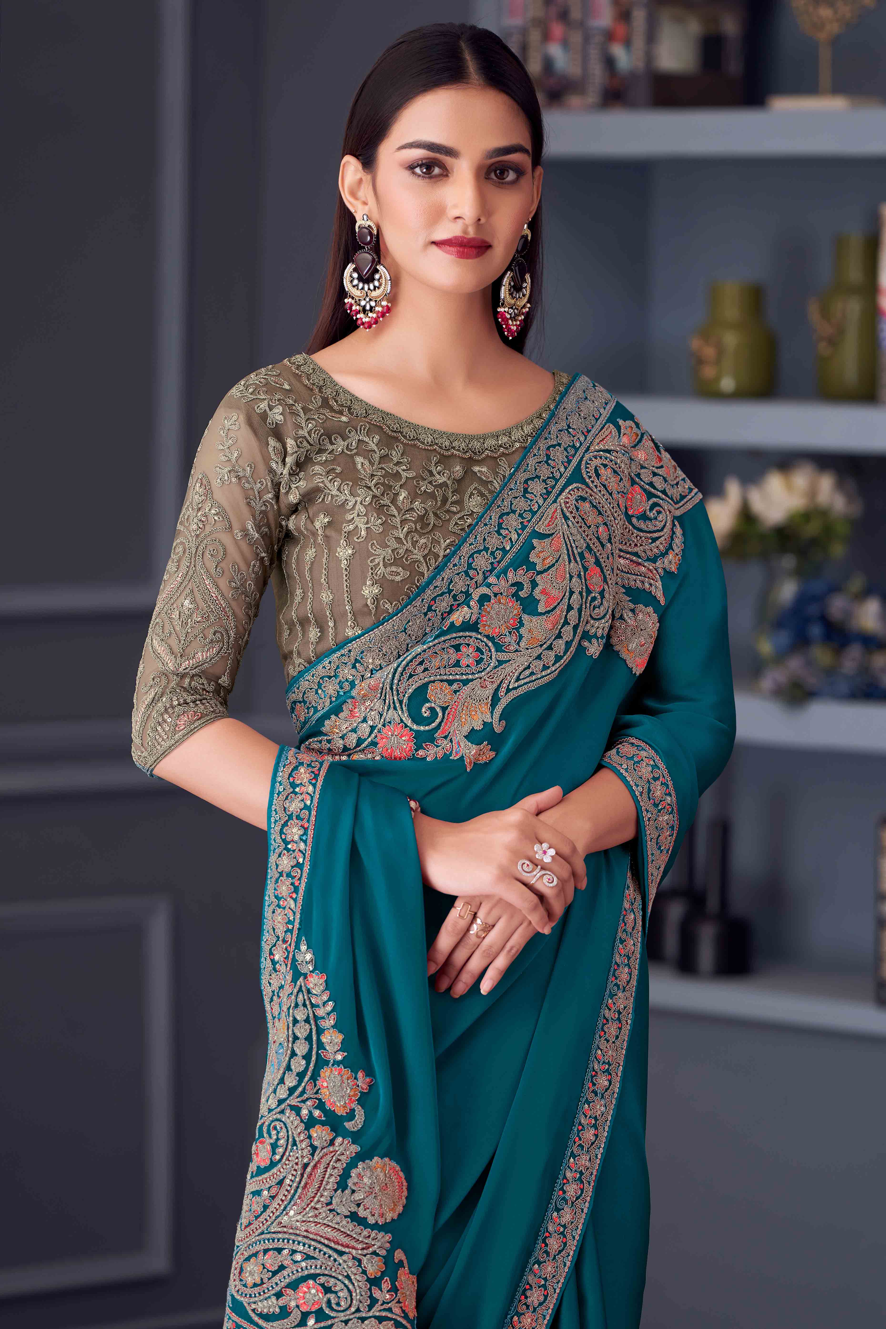 Teal Satin Saree Embellished with Sequin Work