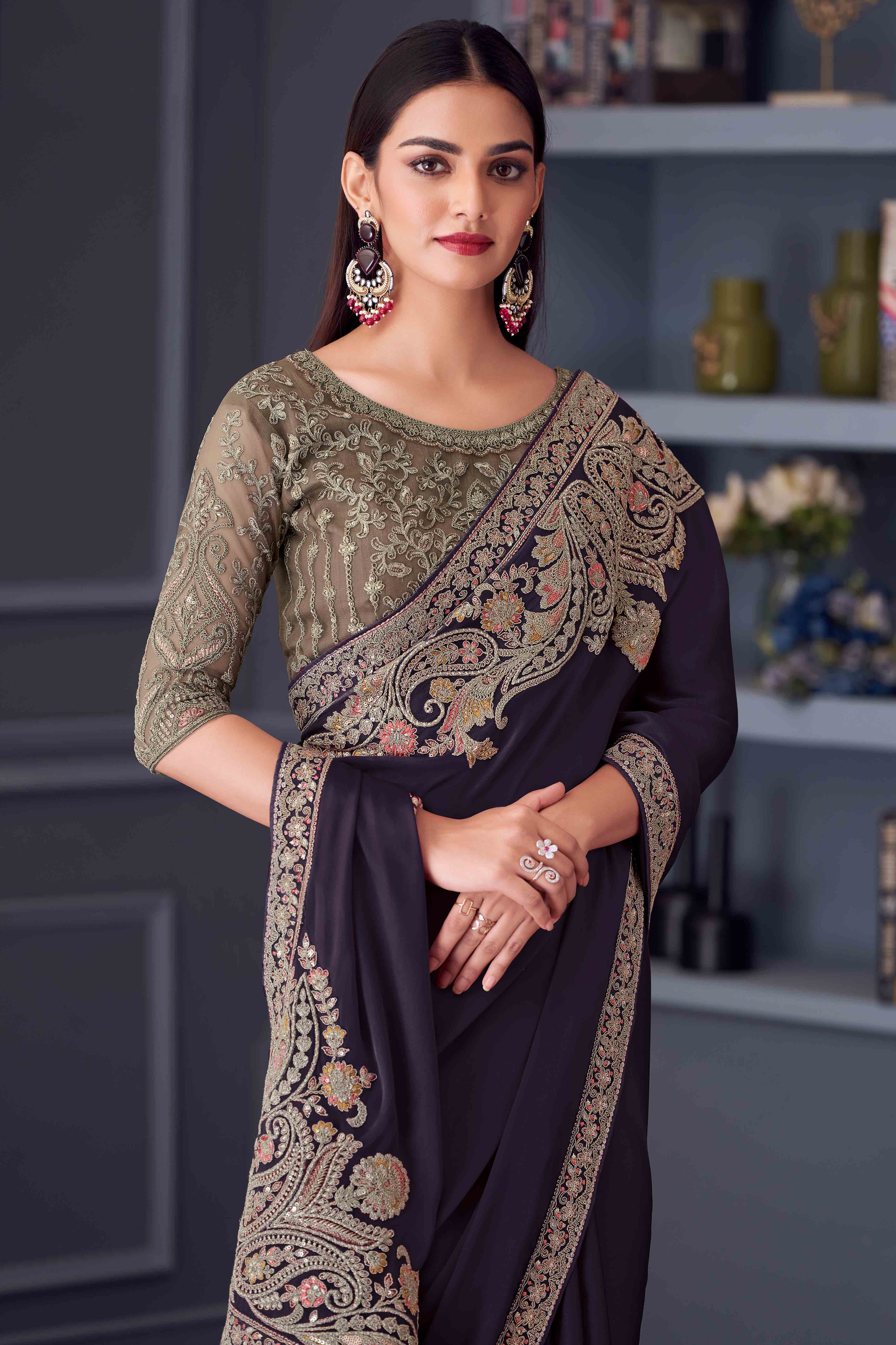 Wine Satin Saree Embellished with Sequin Work