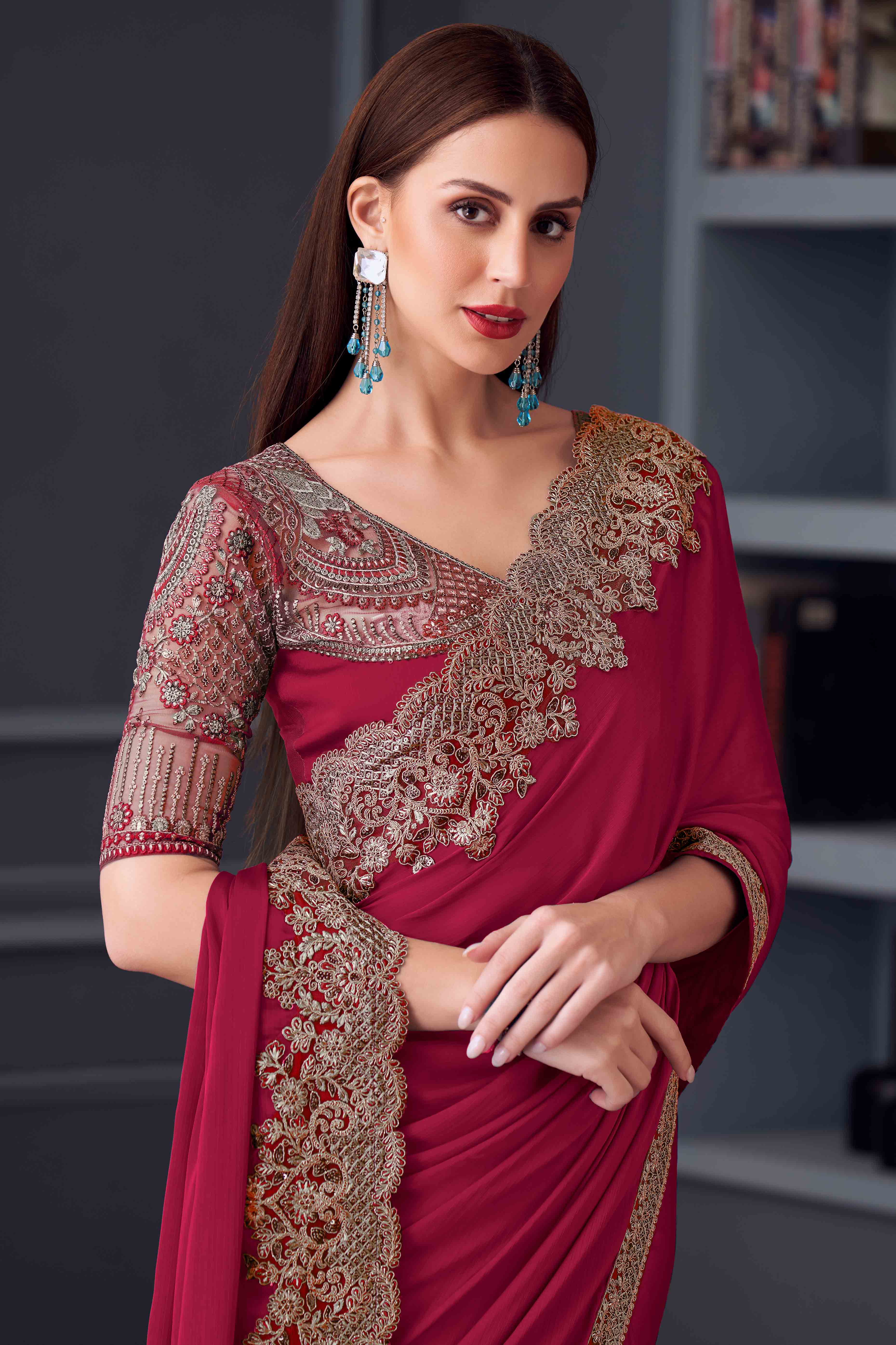 Dark Pink Chiffon Saree with Embellished Border