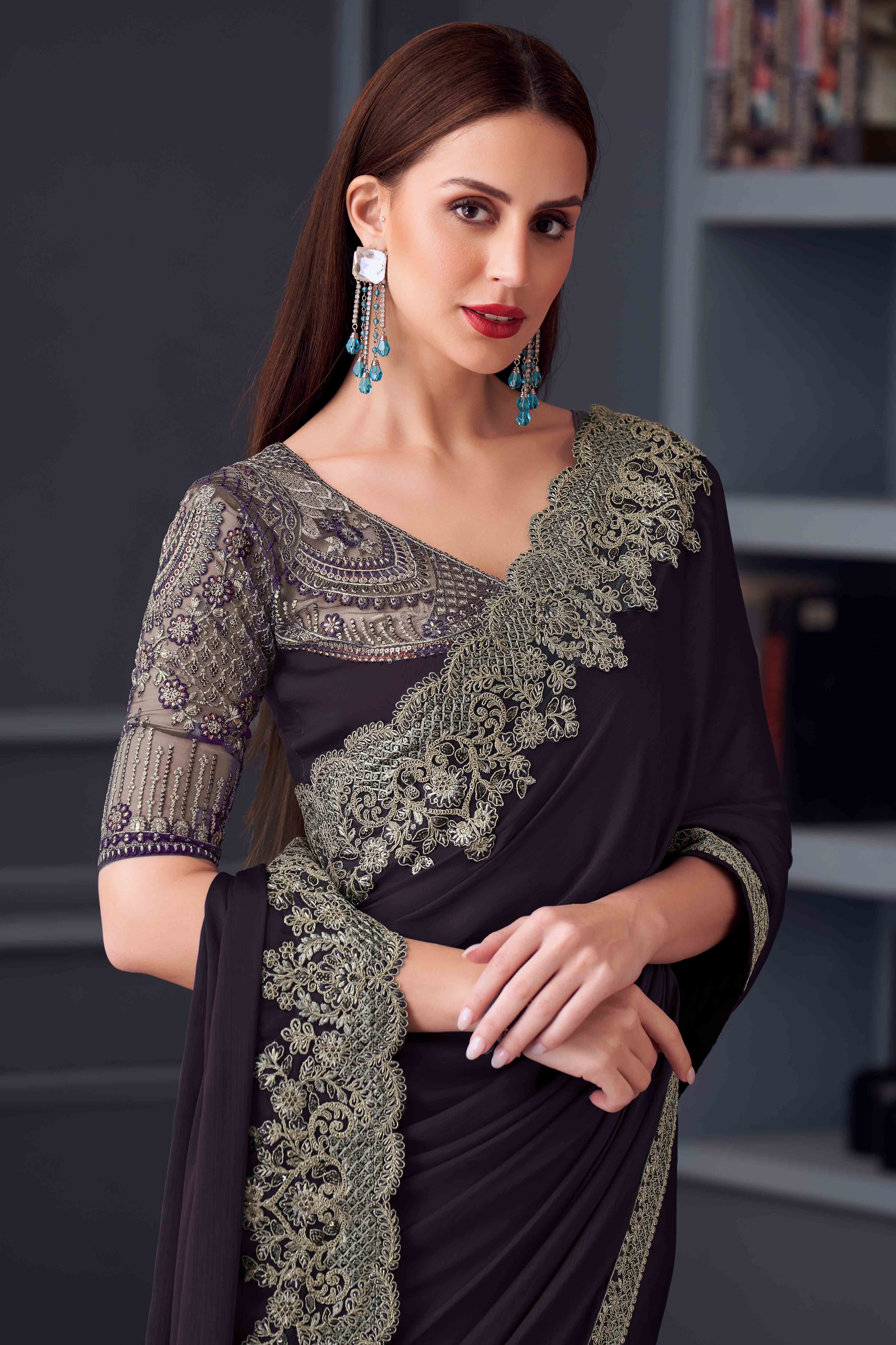 Wine Chiffon Saree with Embellished Border