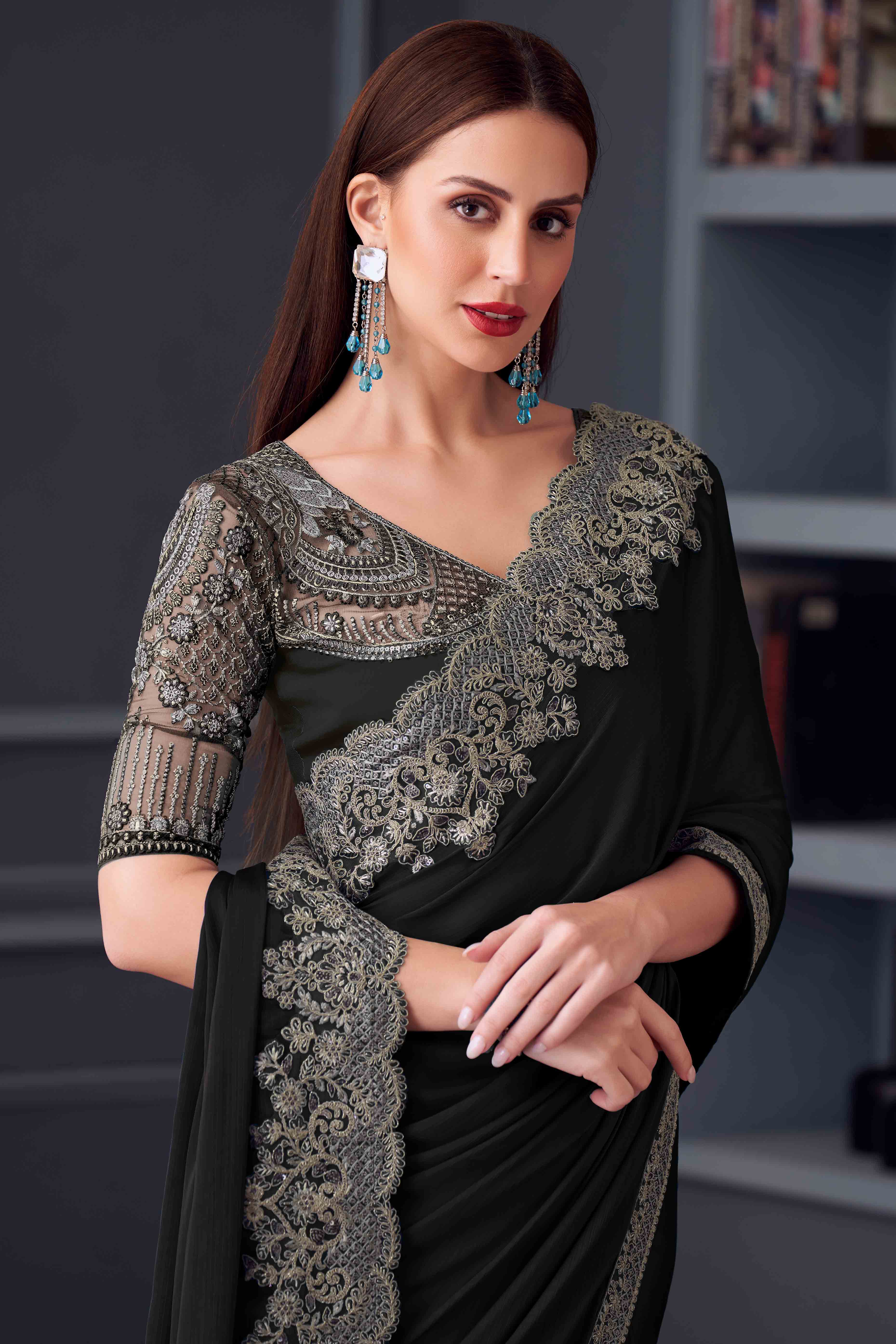 Black Chiffon Saree with Embellished Border