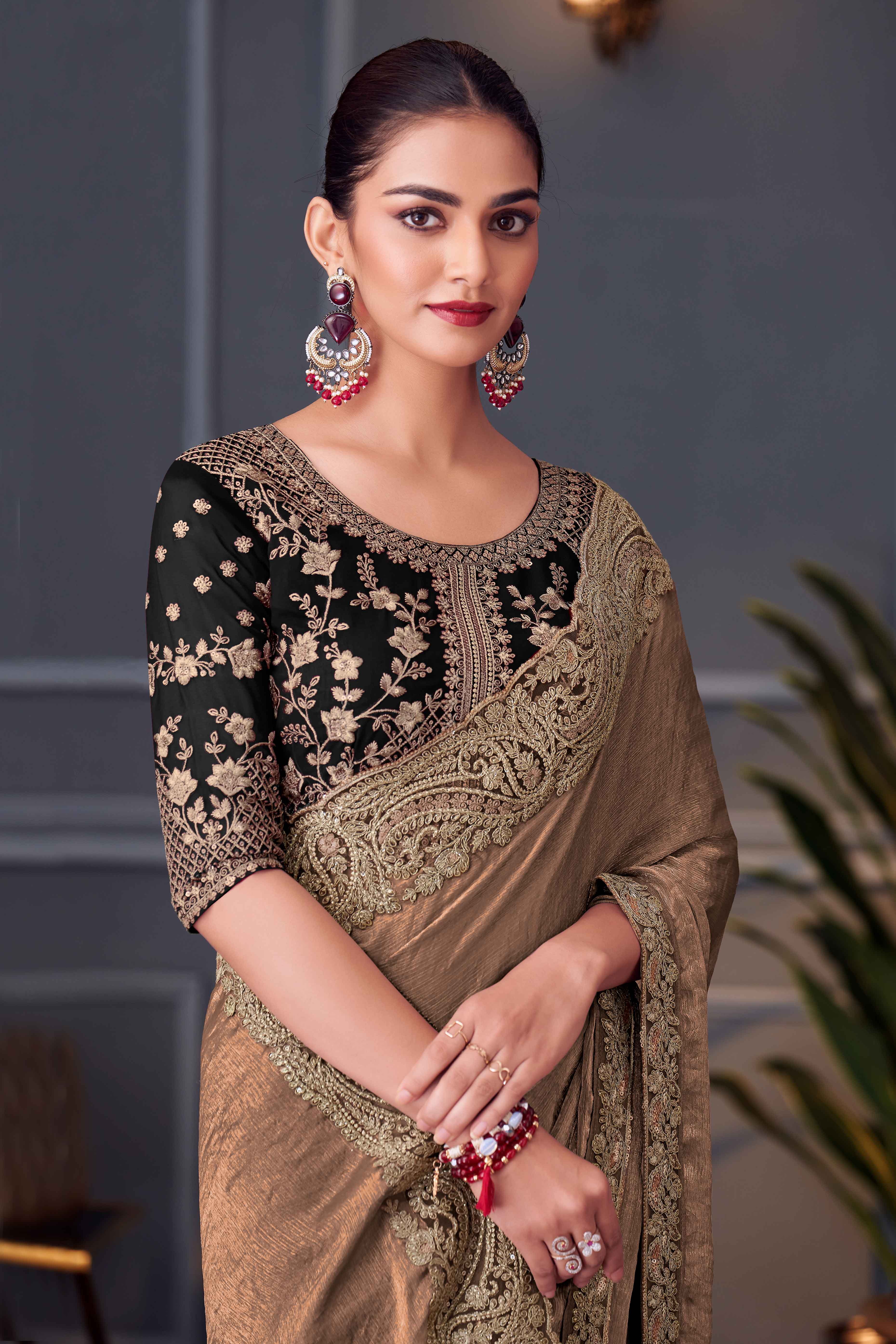 Brown Partywear Chiffon Saree with Ornate Border Detailing