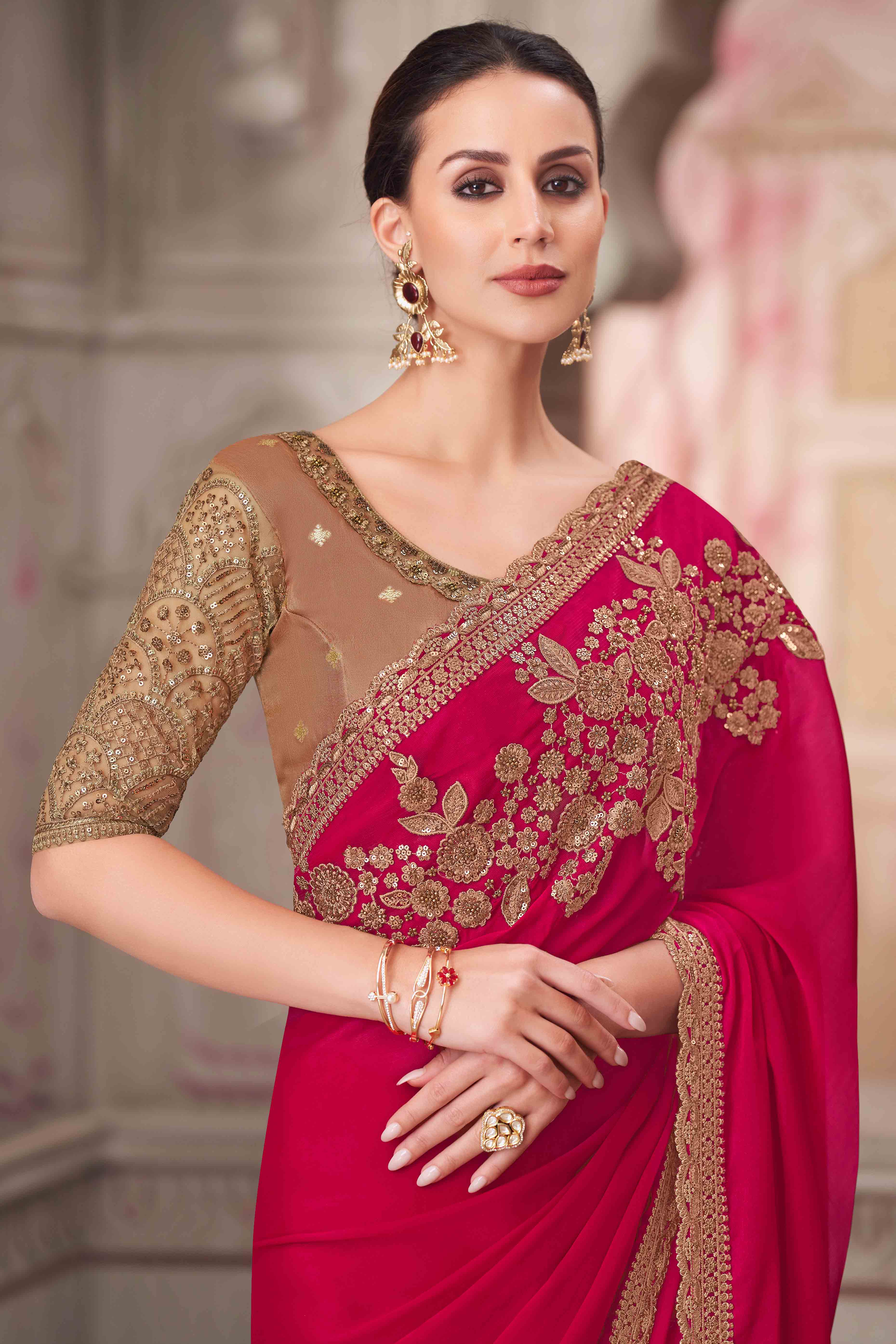 Glamorous Rose Pink Satin Saree with Intricate Sequin & Floral Work