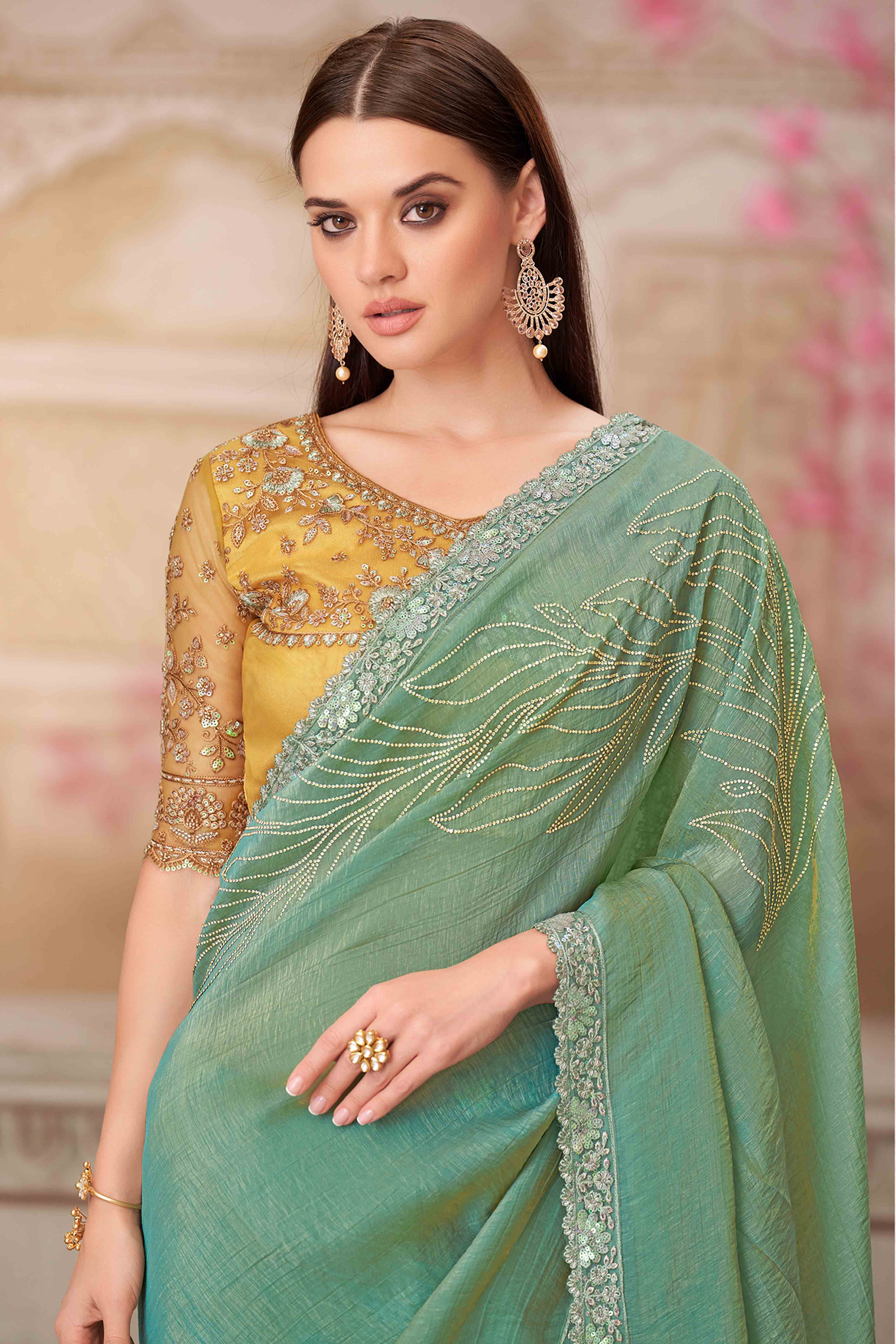 Glamorous Dusty Green Satin Saree with Intricate Sequin & Floral Work