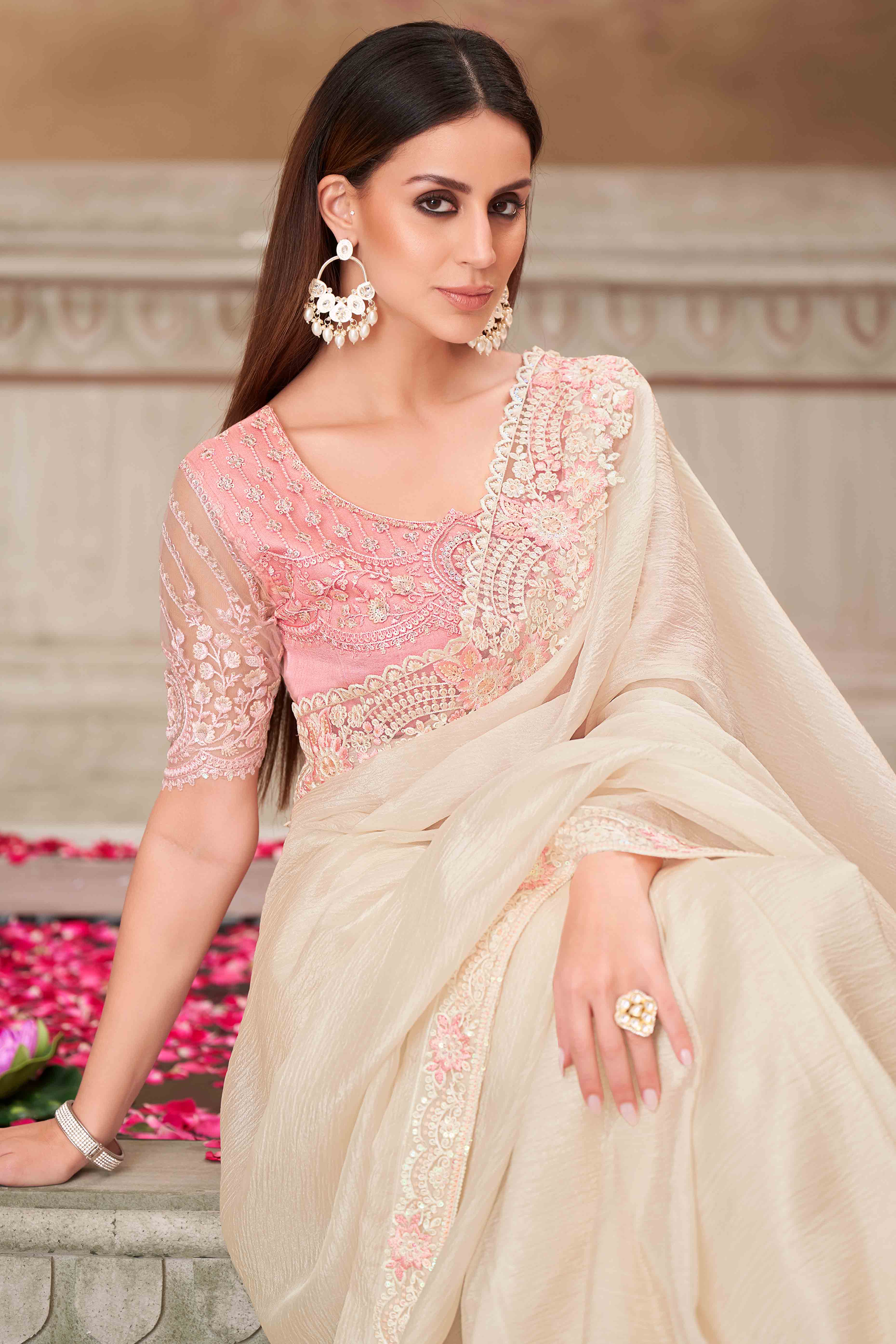 Glamorous Off White Satin Saree with Intricate Sequin & Floral Work