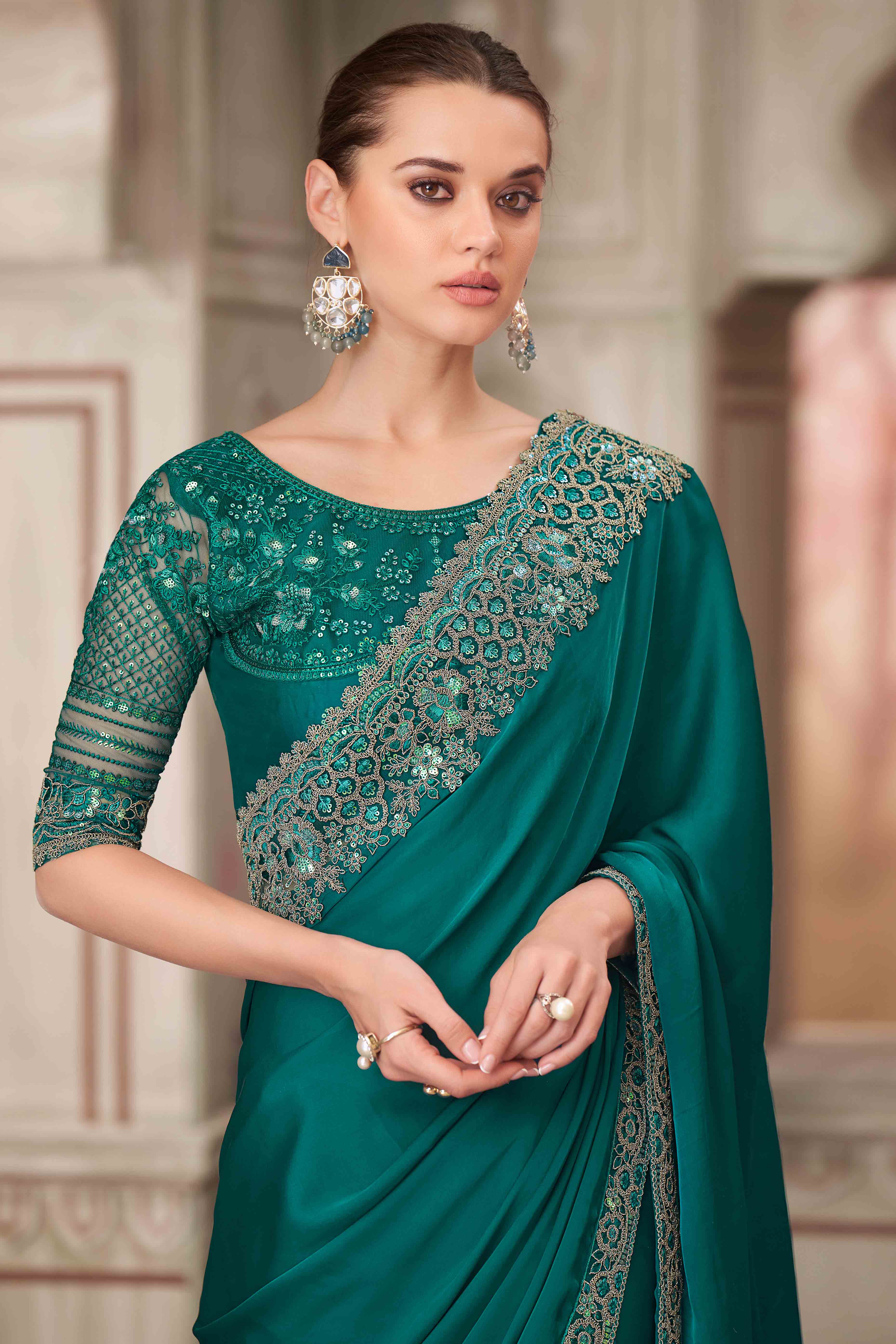Glamorous Teal Satin Saree with Intricate Sequin & Floral Work