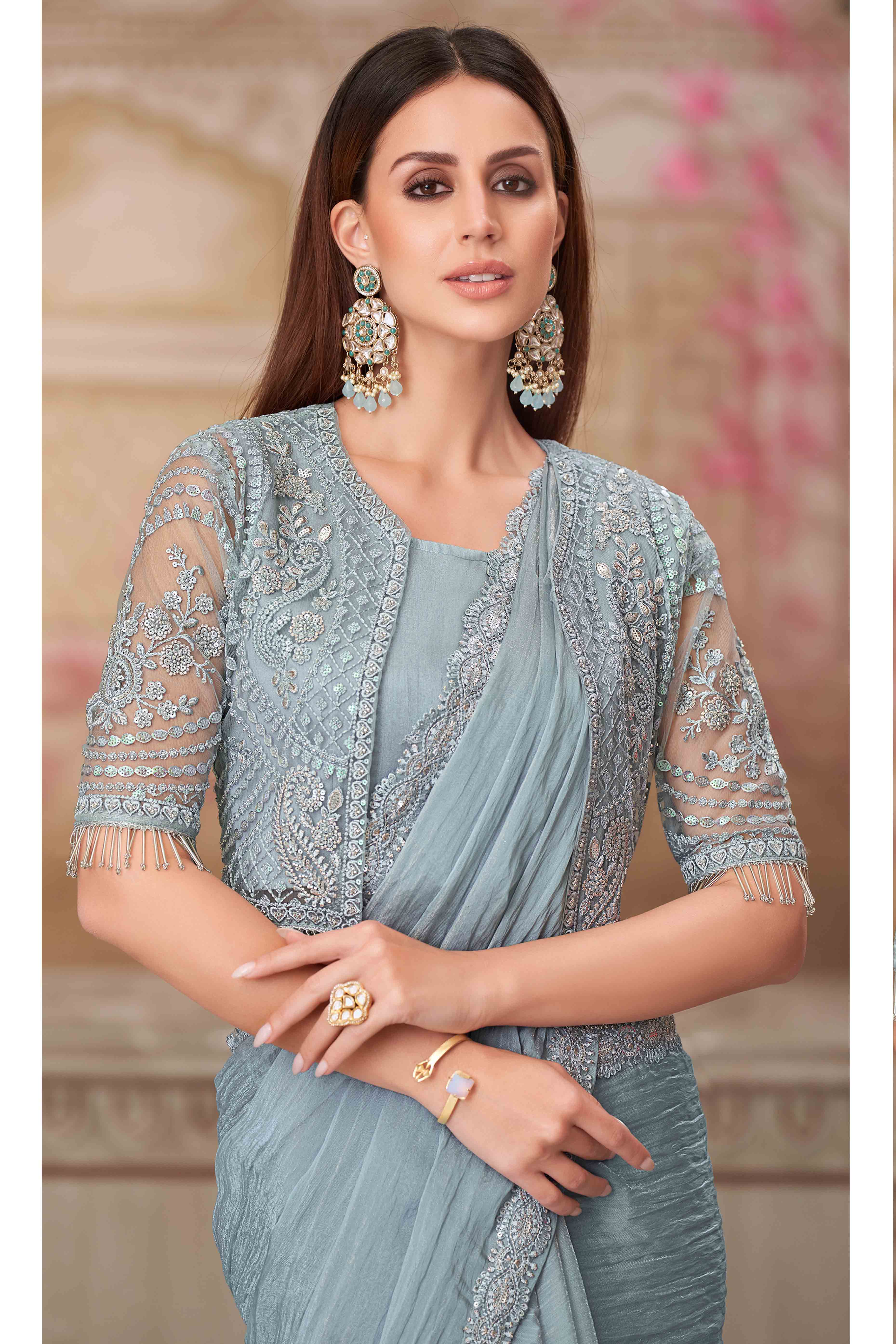 Soft Georgette Grey Saree with Floral Thread & Sequin Accents