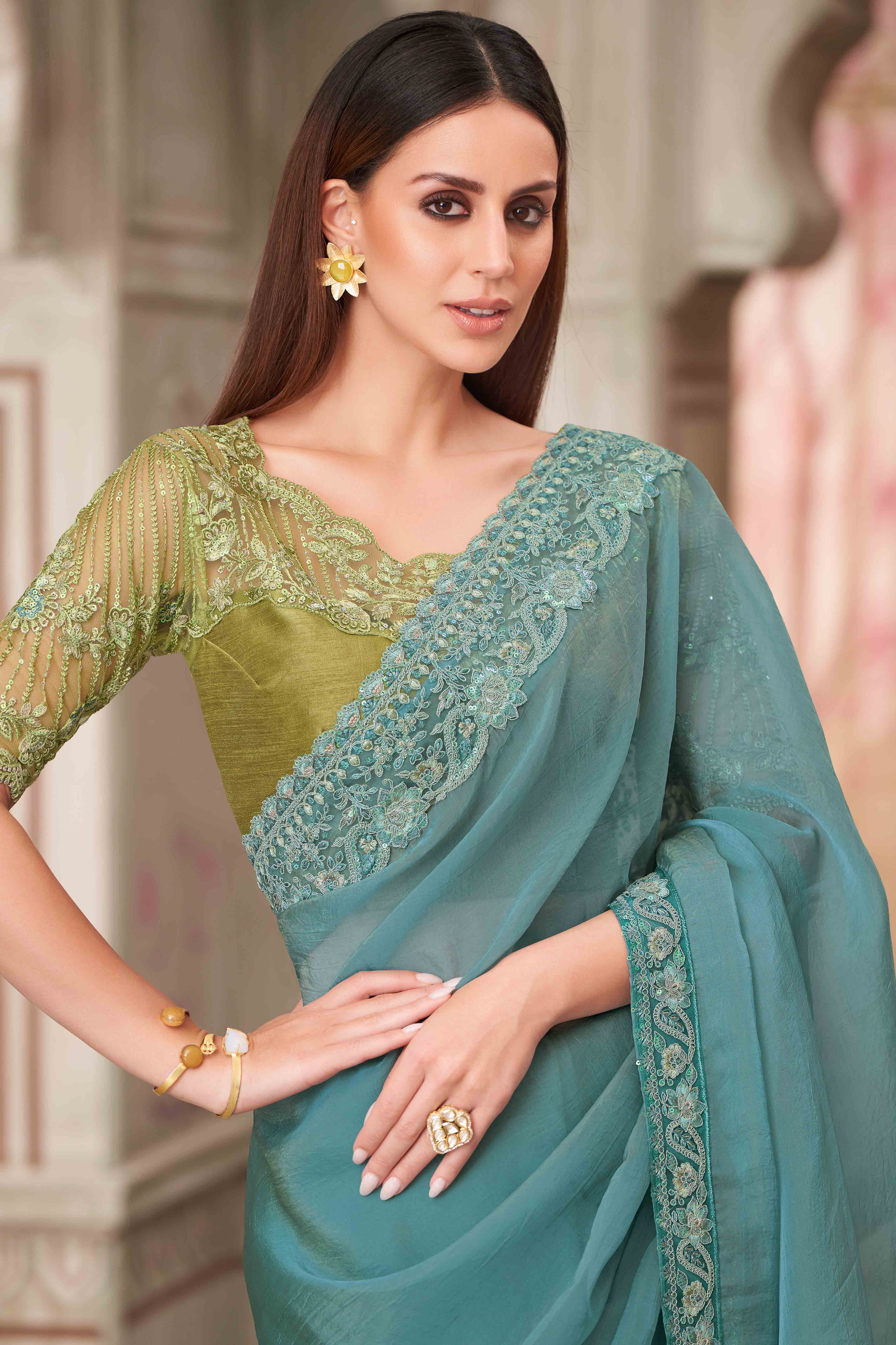 Soft Georgette Sky Blue Saree with Floral Thread & Sequin Accents