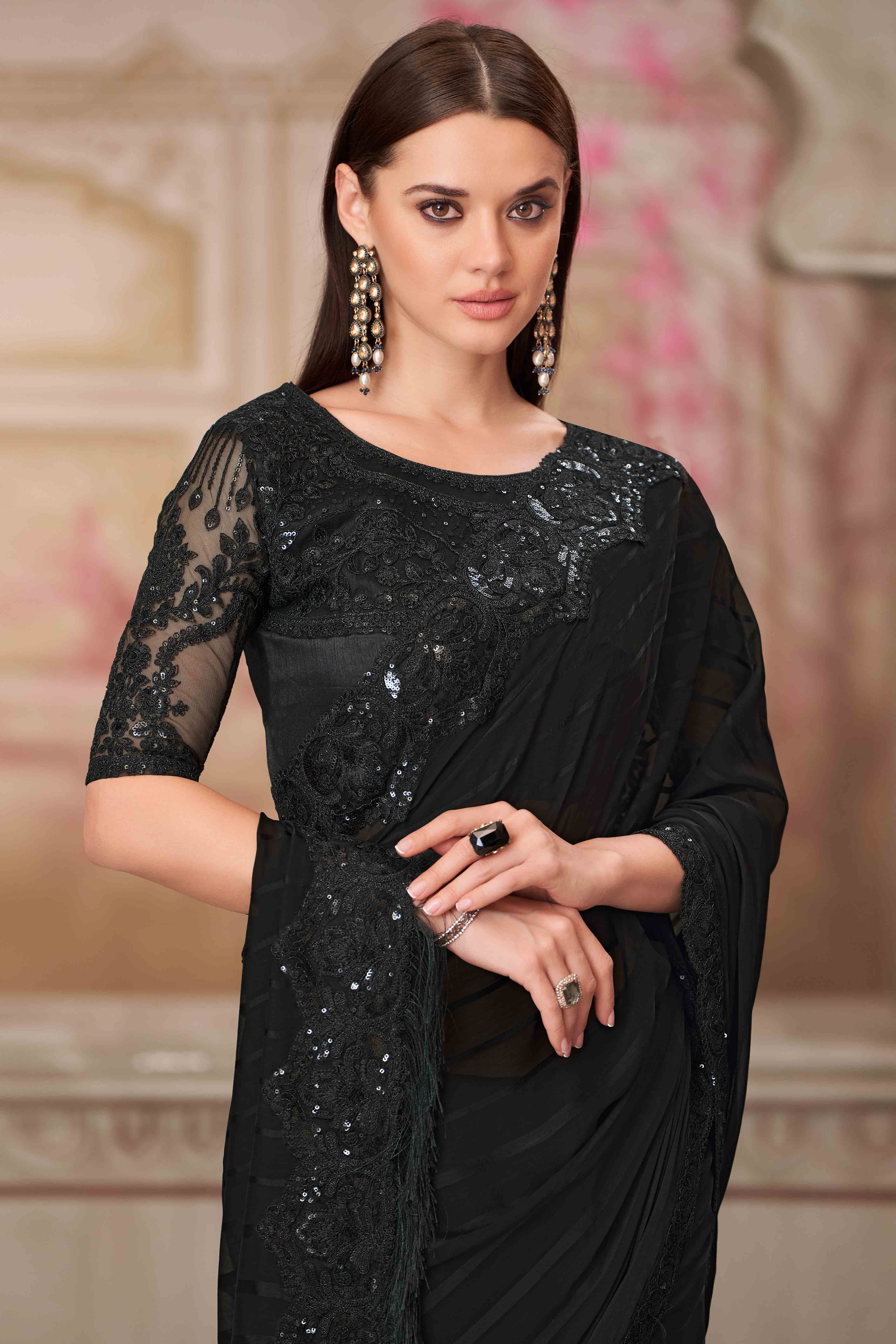 Soft Georgette Black Saree with Floral Thread & Sequin Accents