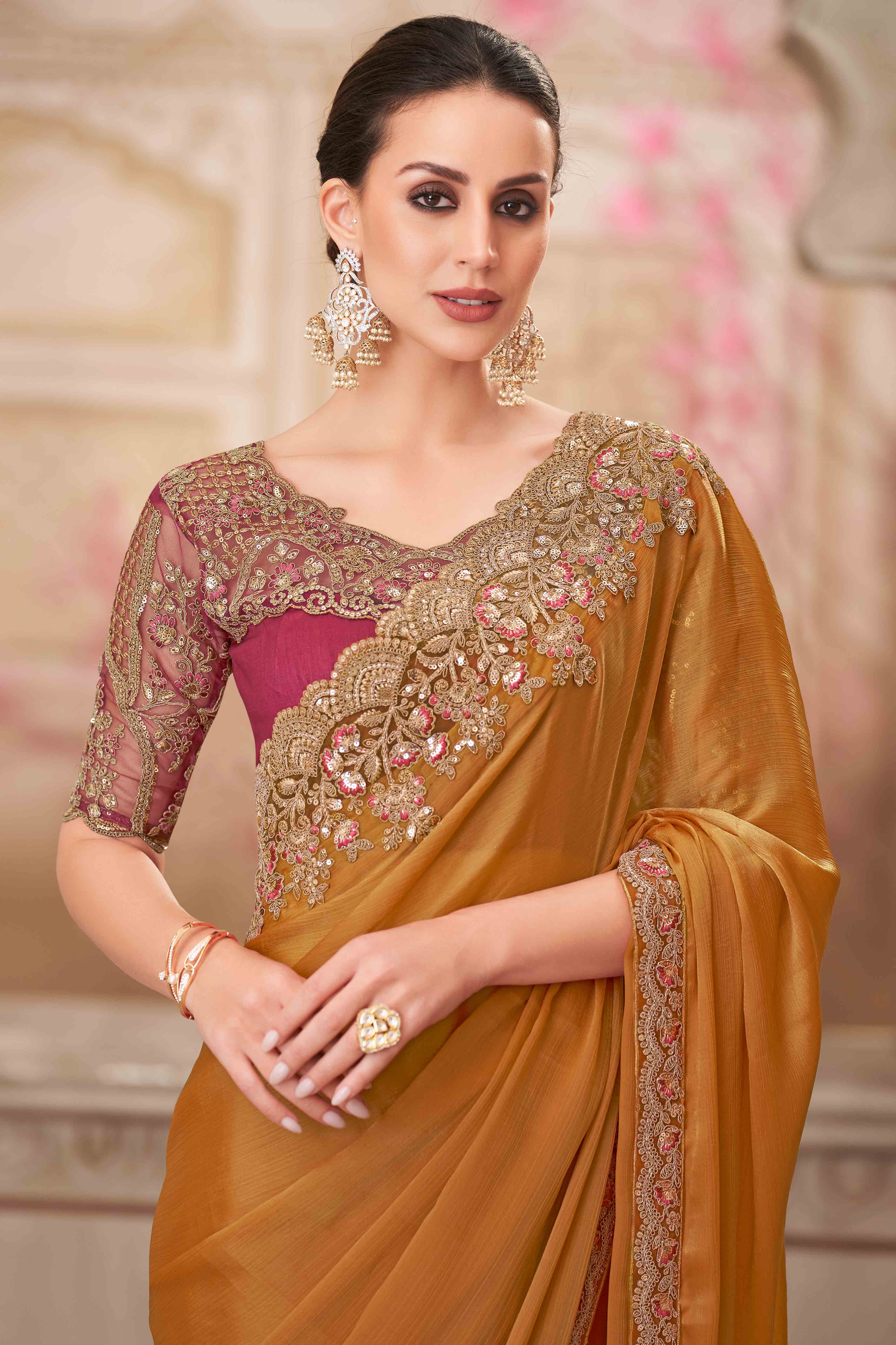 Radiant Mustard Chiffon Saree with Delicate Floral & Sequin Embellishments