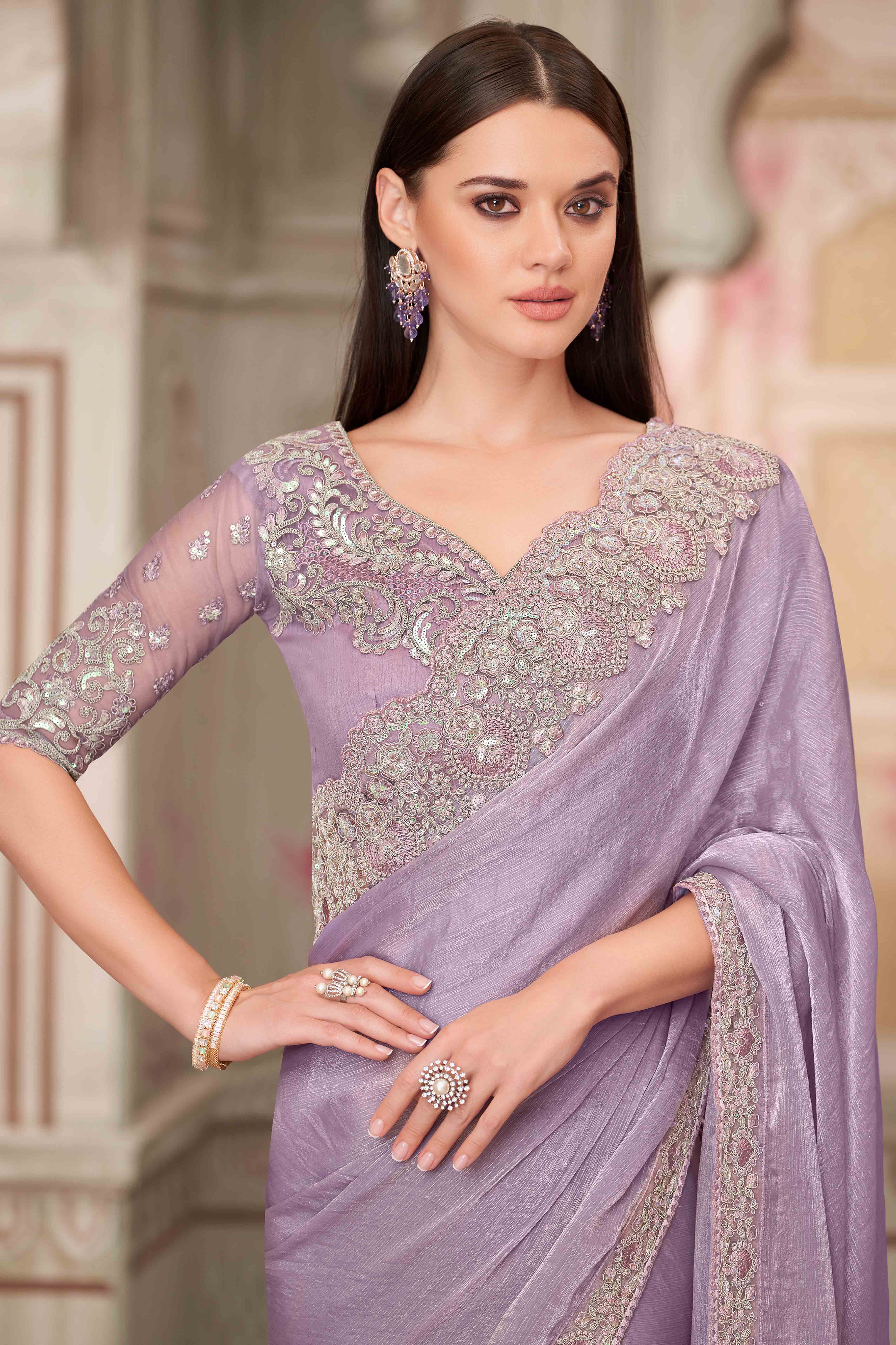Radiant Lavender Chiffon Saree with Delicate Floral & Sequin Embellishments