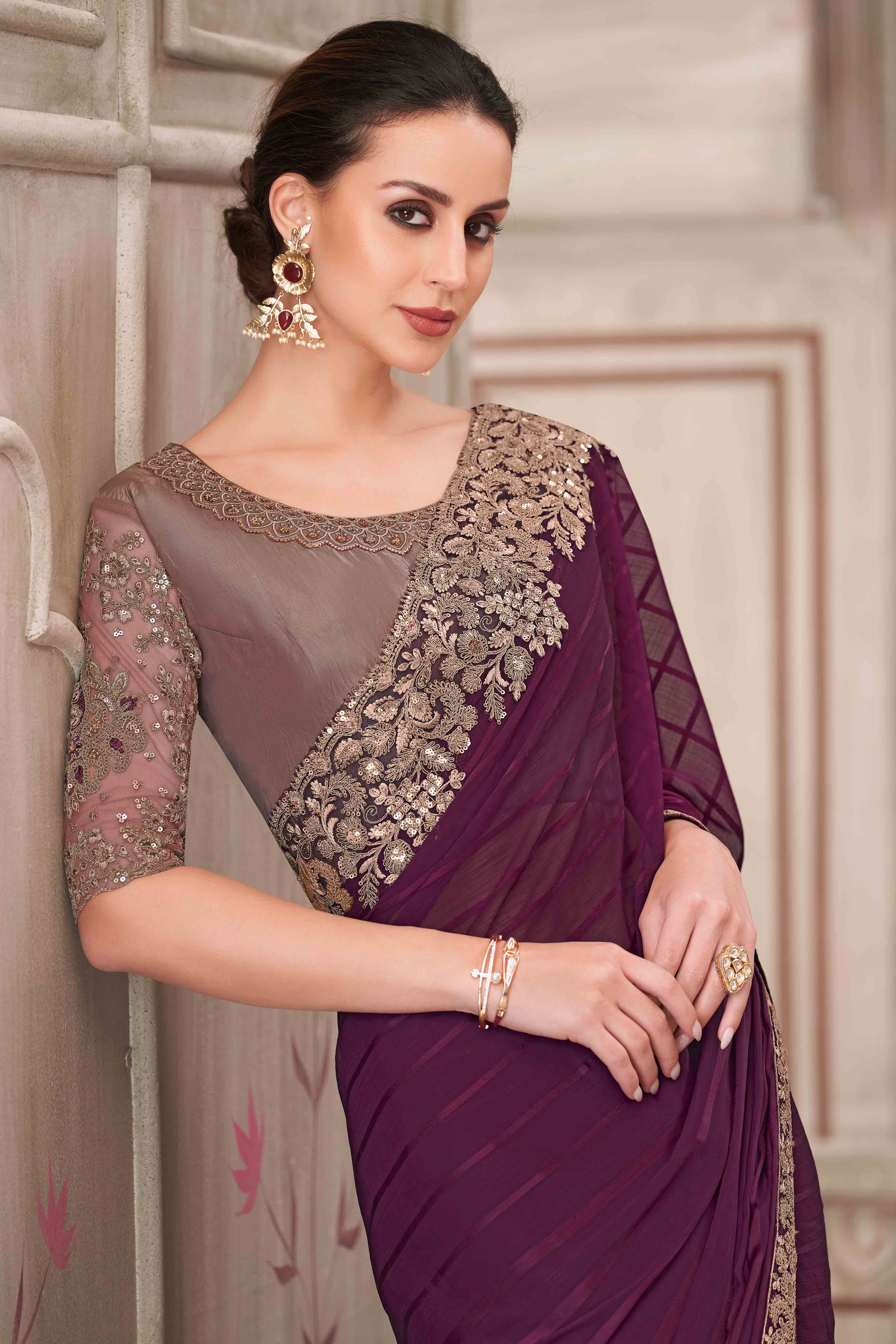 Soft Georgette Wine Saree with Floral Thread & Sequin Accents