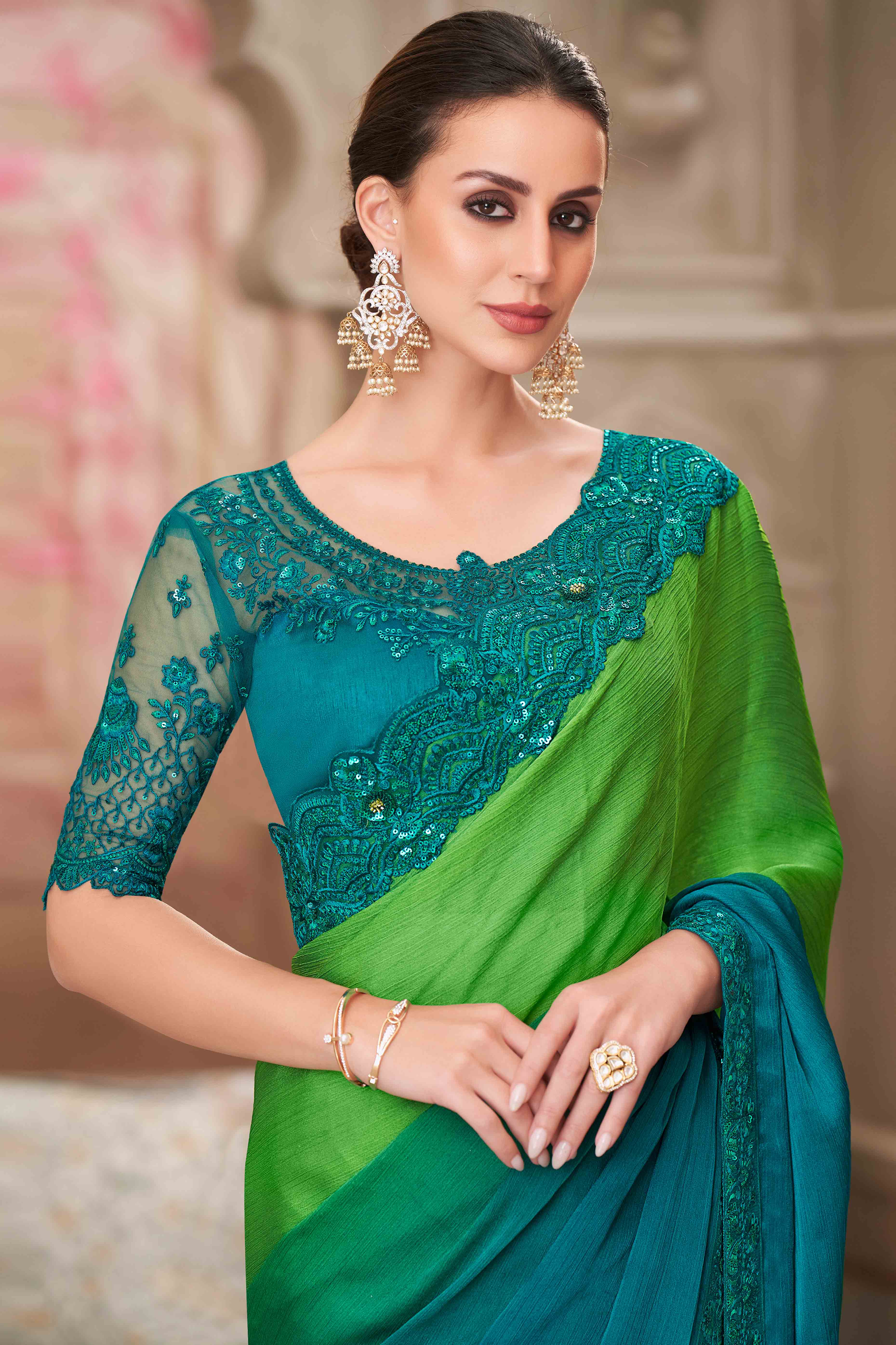 Radiant Green & Teal Chiffon Saree with Delicate Floral & Sequin Embellishments