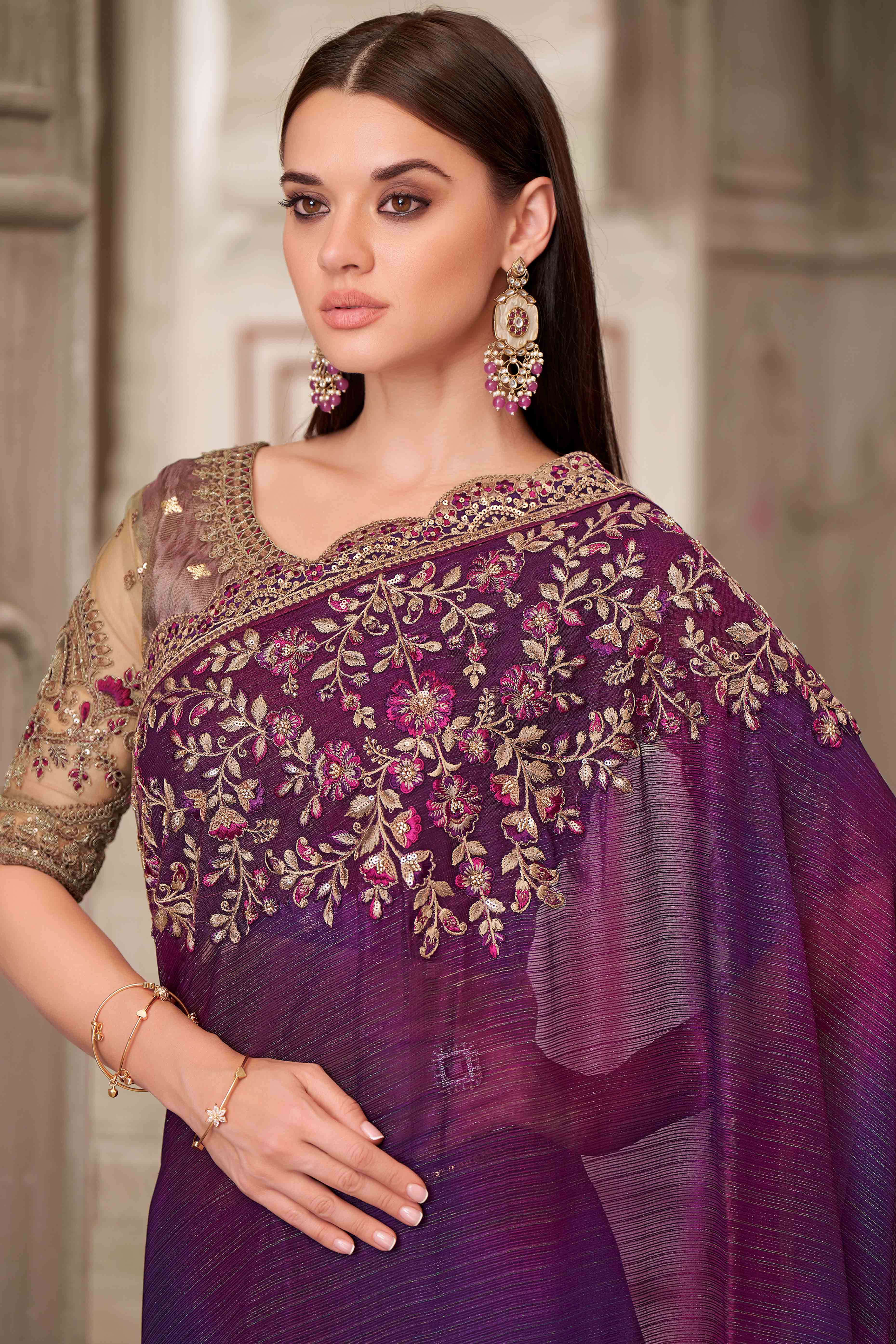 Soft Georgette Dark Purple Saree with Floral Thread & Sequin Accents
