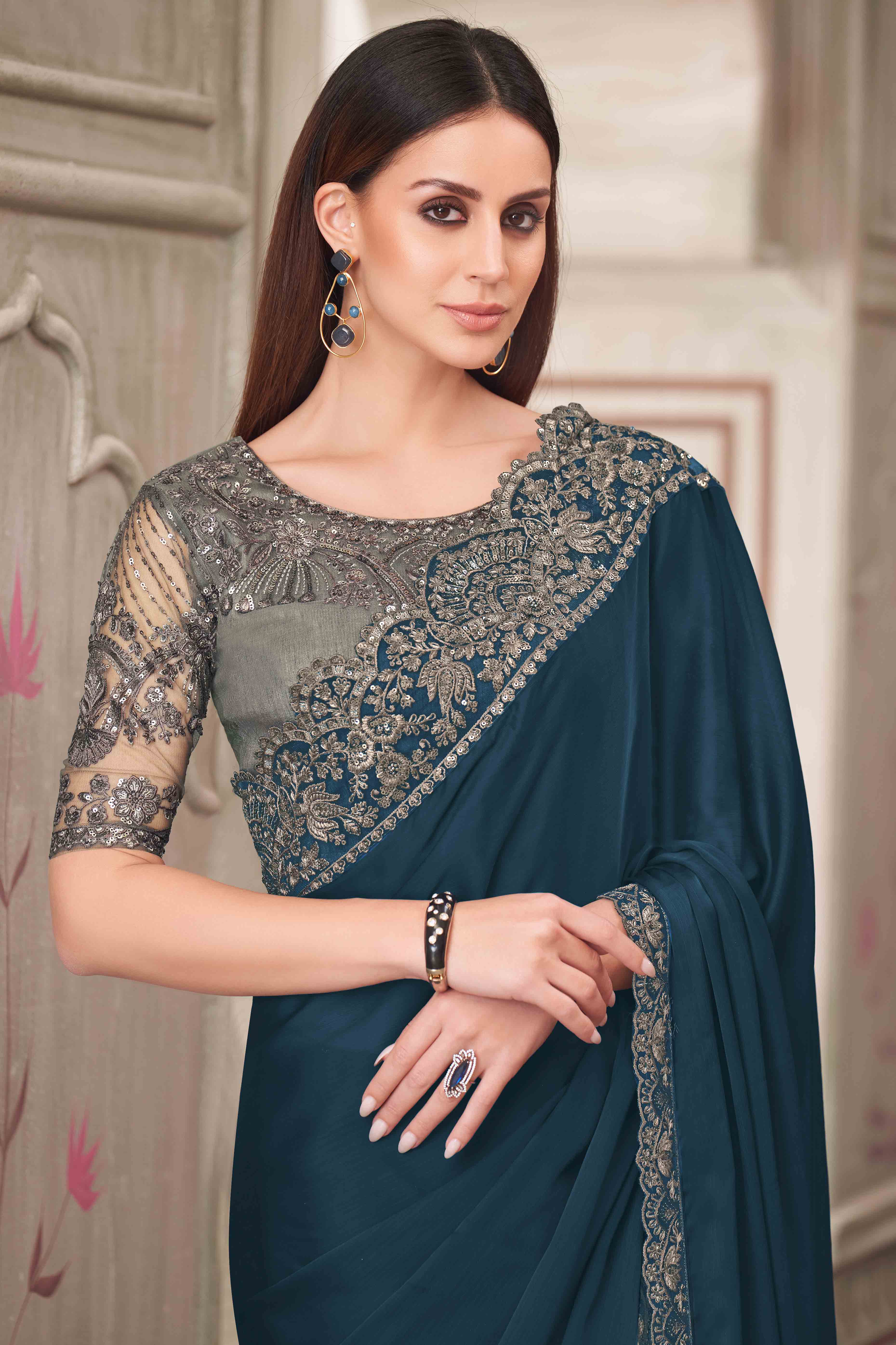 Soft Georgette Dark Teal Saree with Floral Thread & Sequin Accents