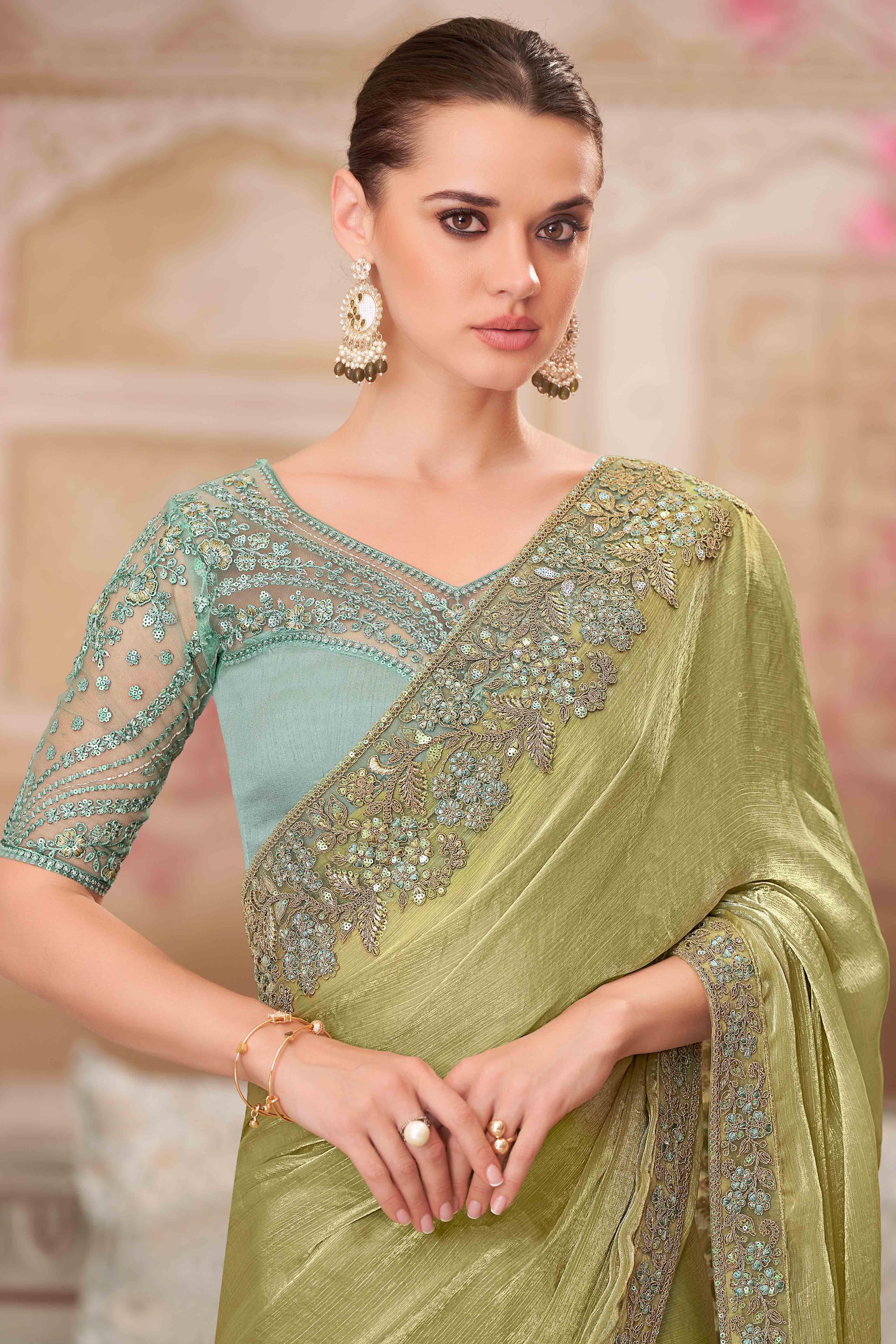 Radiant Pista Green Chiffon Saree with Delicate Floral & Sequin Embellishments