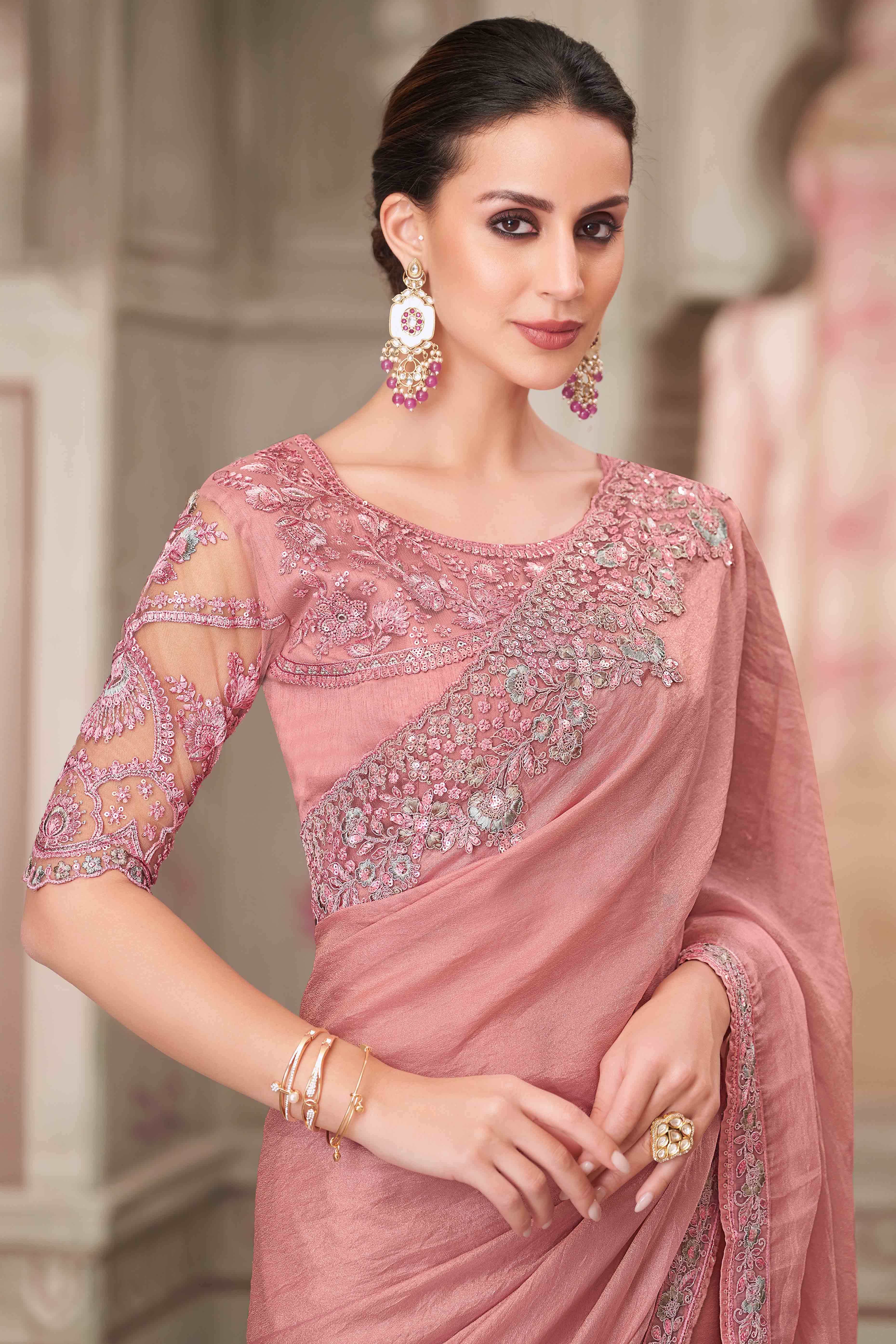 Soft Georgette Salmon Pink Saree with Floral Thread & Sequin Accents