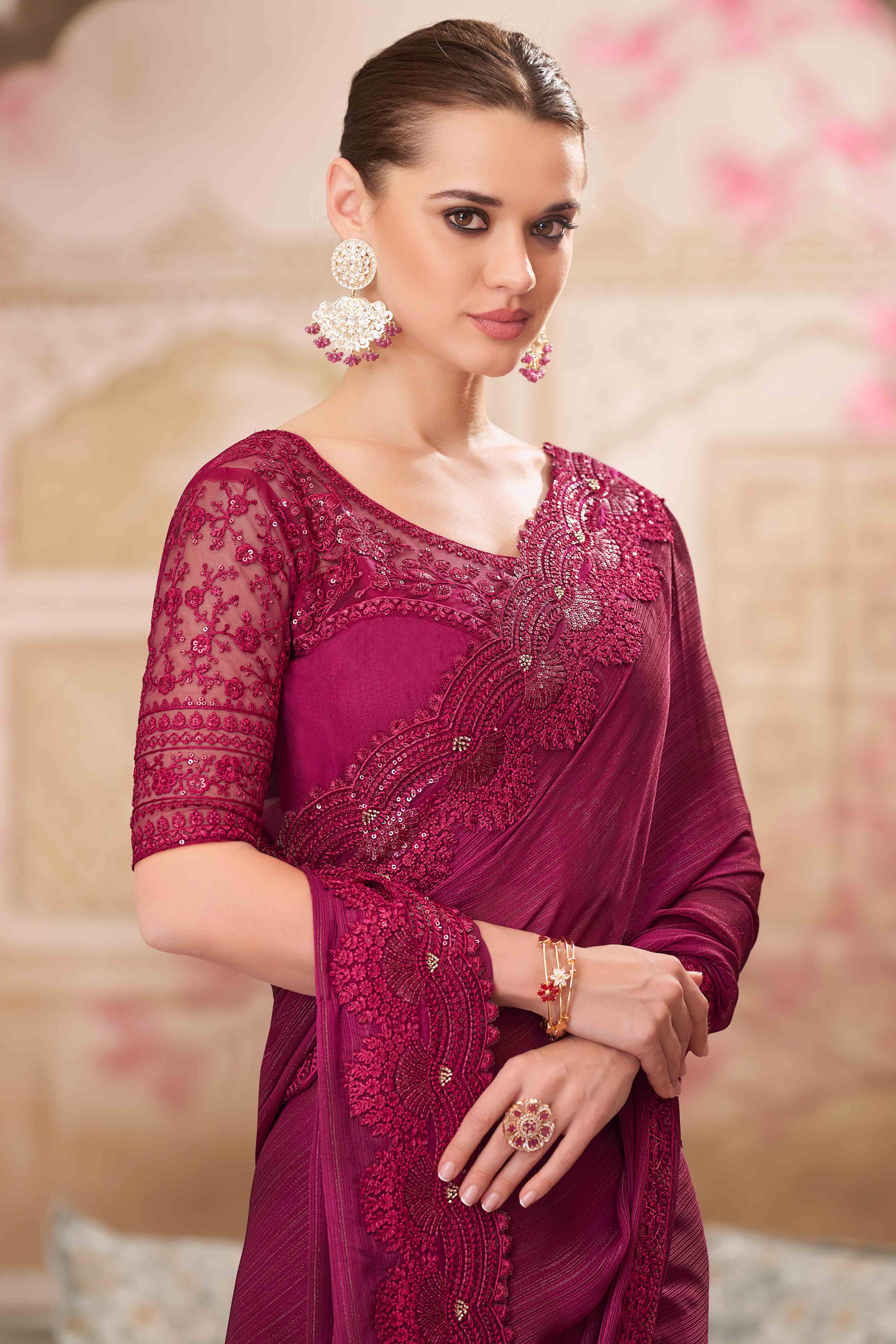 Soft Georgette Magenta Saree with Floral Thread & Sequin Accents