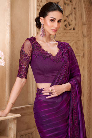 Shimmering Purple Georgette Saree with Graceful Thread Embellishment and Sequins