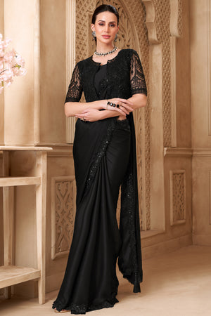 Shimmering Black Georgette Saree with Graceful Thread Embellishment and Sequins