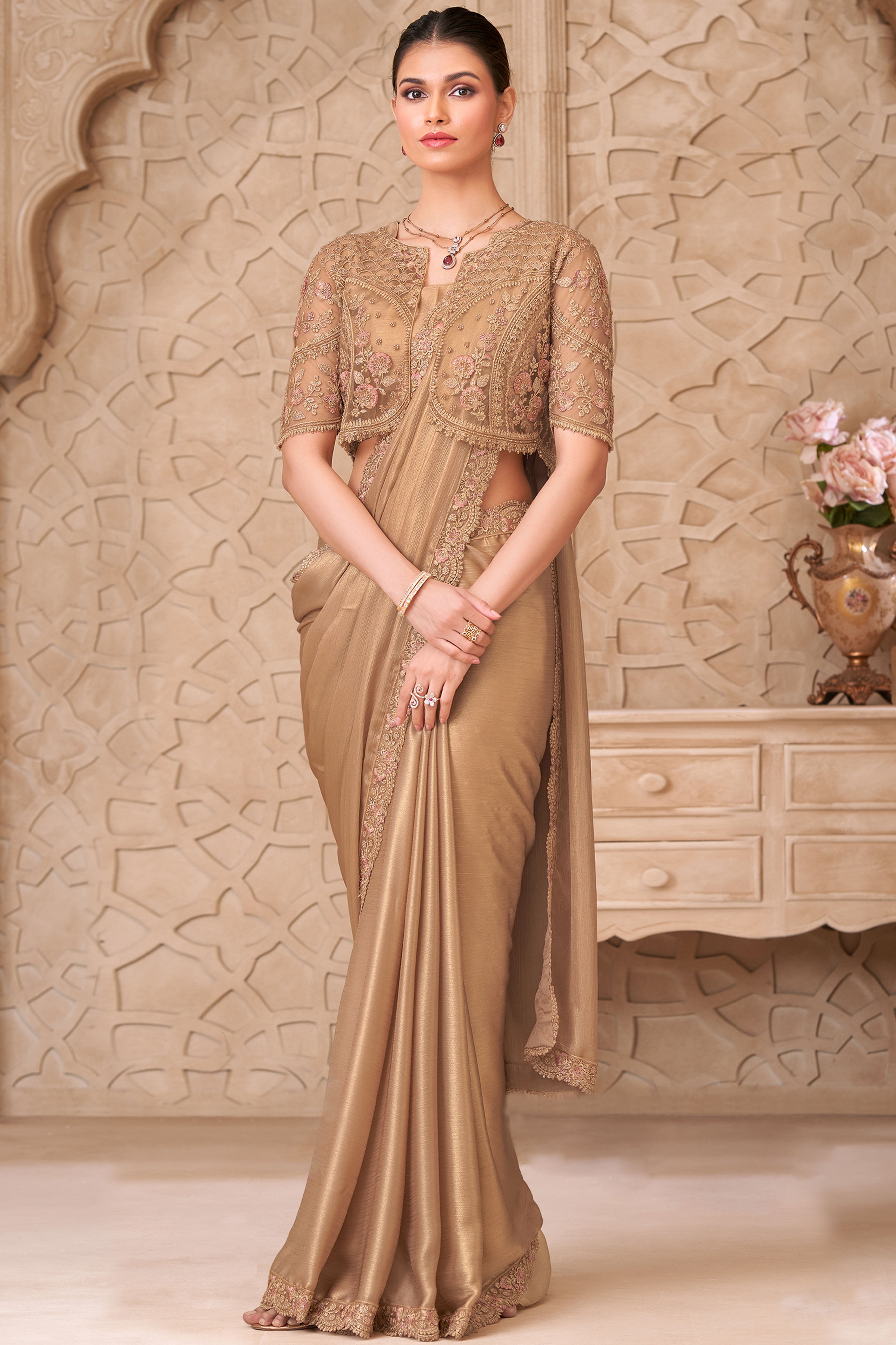 Shimmering Beige Georgette Saree with Graceful Thread Embellishment and Sequins