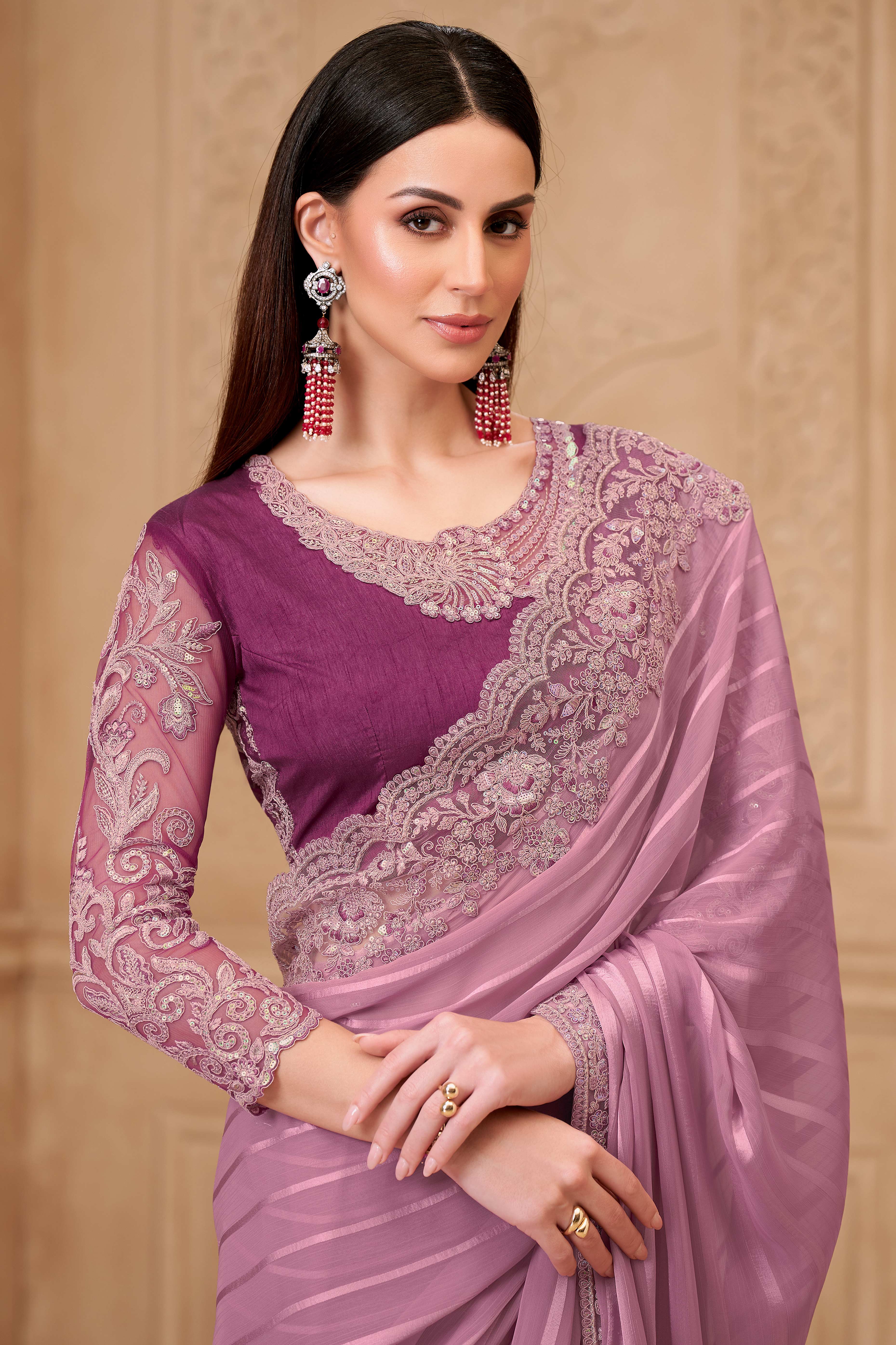 Stylish Light Pink Chiffon Saree Crafted with Sequin Detailing and Thread Embroidery