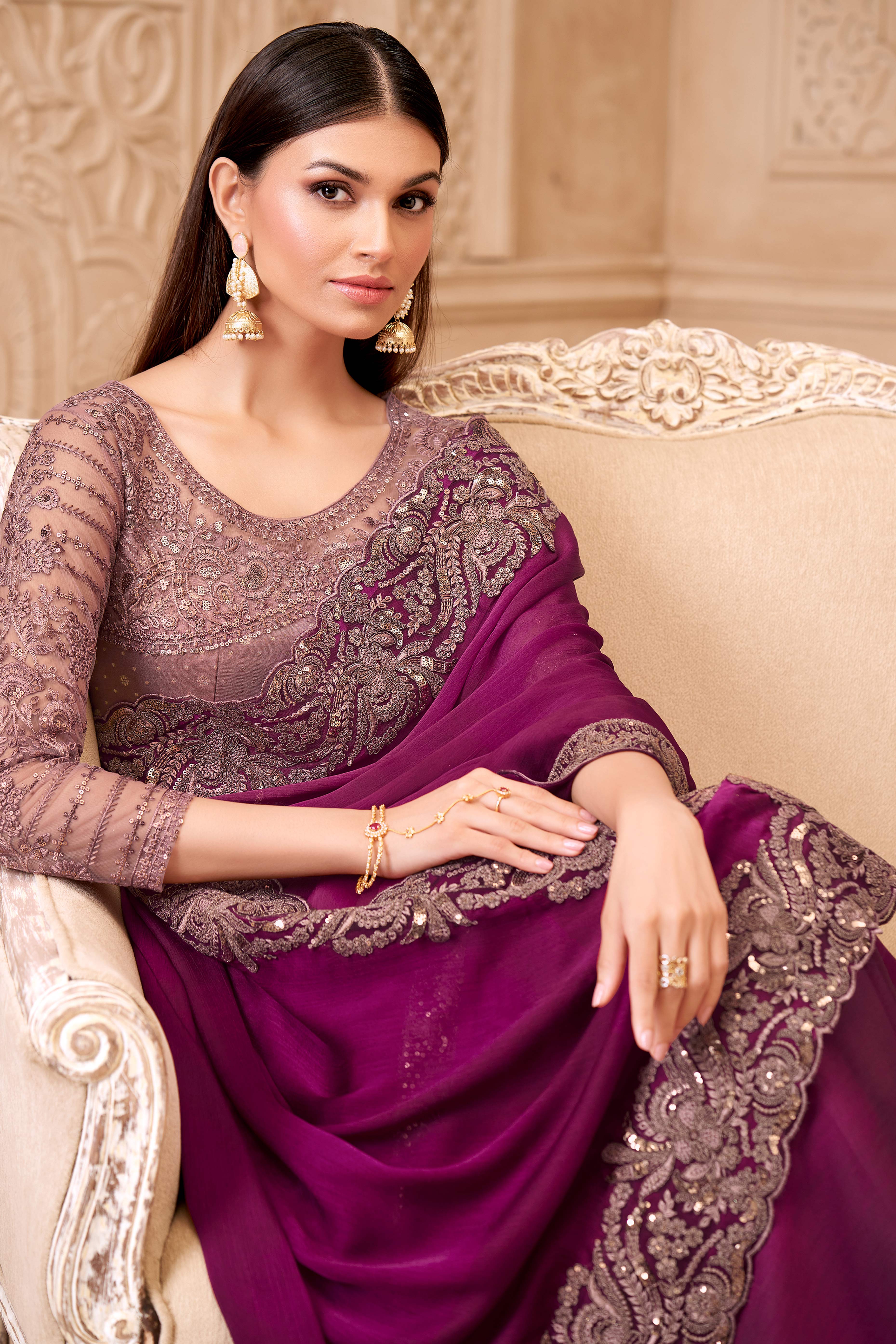 Stylish Magenta Chiffon Saree Crafted with Sequin Detailing and Thread Embroidery