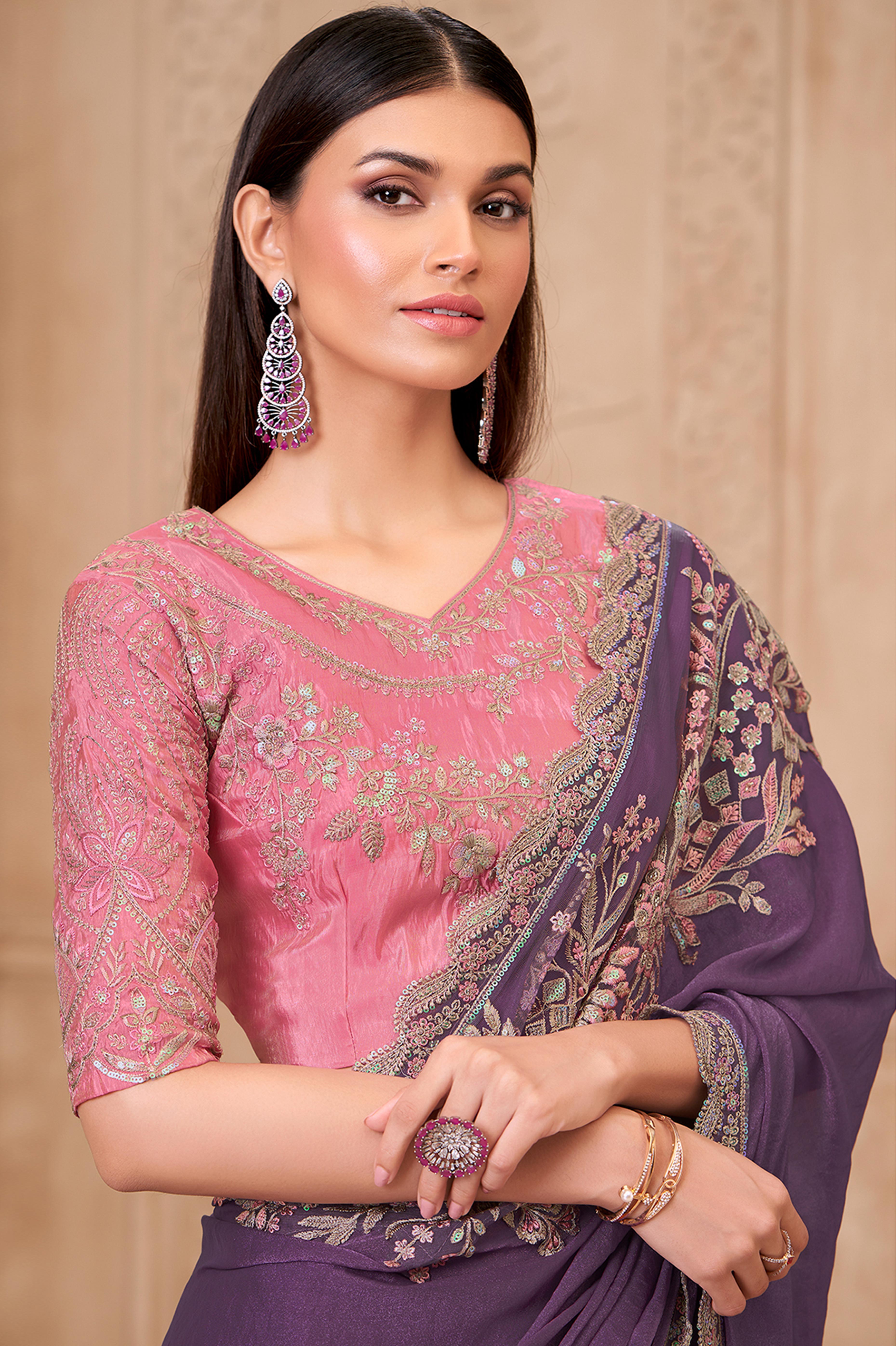 Designer Purple Thread Embroidered Satin Saree with Sequin Highlights