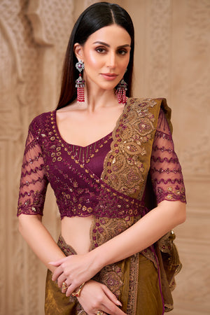 Shimmering Mehendi Green Georgette Saree with Graceful Thread Embellishment and Sequins