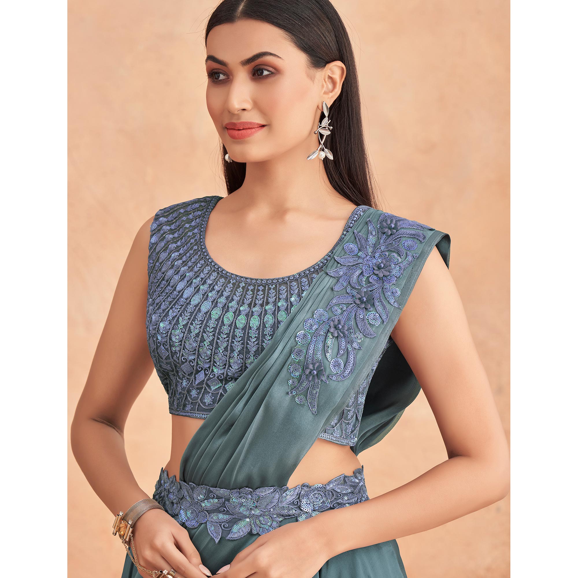 Rama Blue Sequins Embroidered Ready To Wear Satin Silk Saree