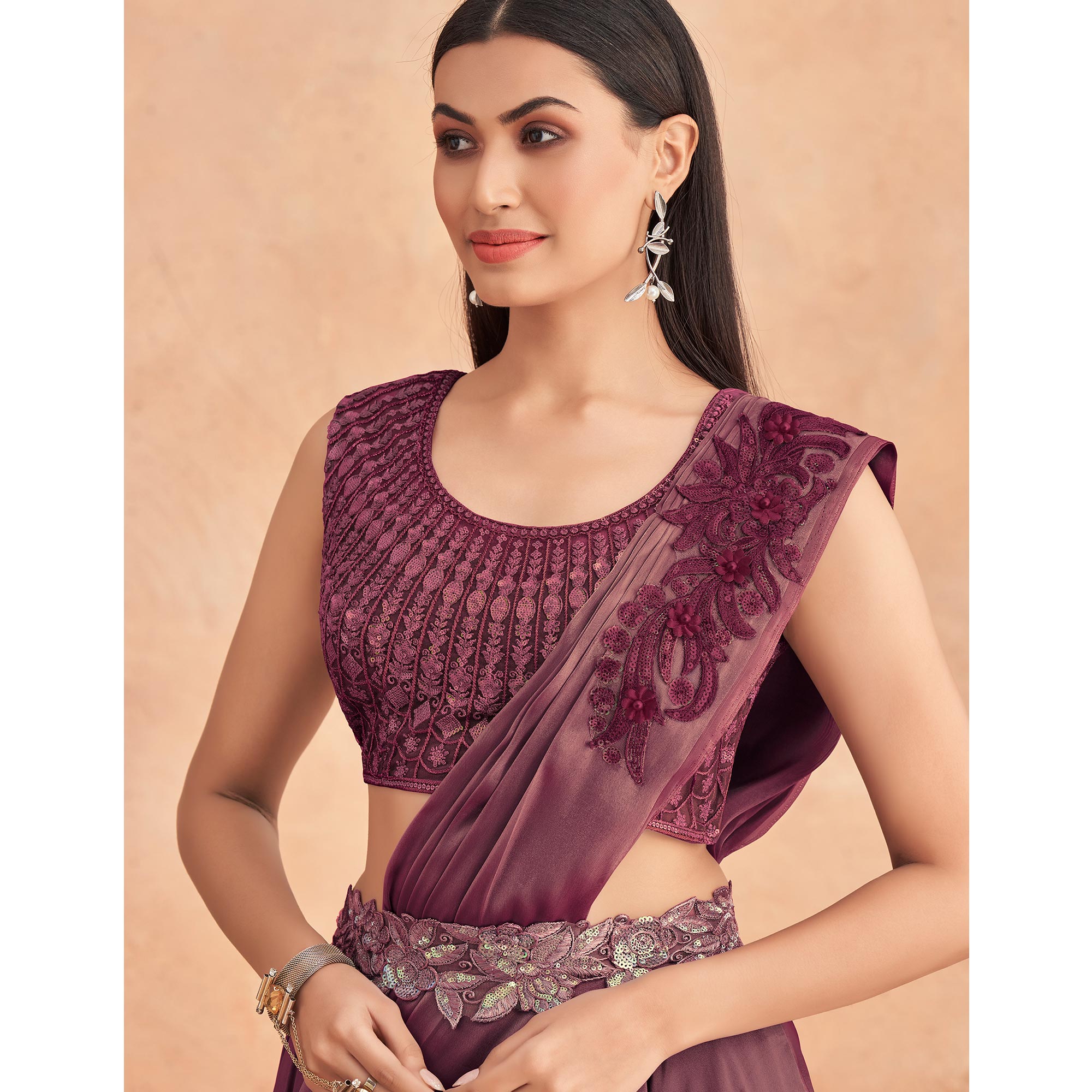 Wine Sequins Embroidered Ready To Wear Satin Silk Saree