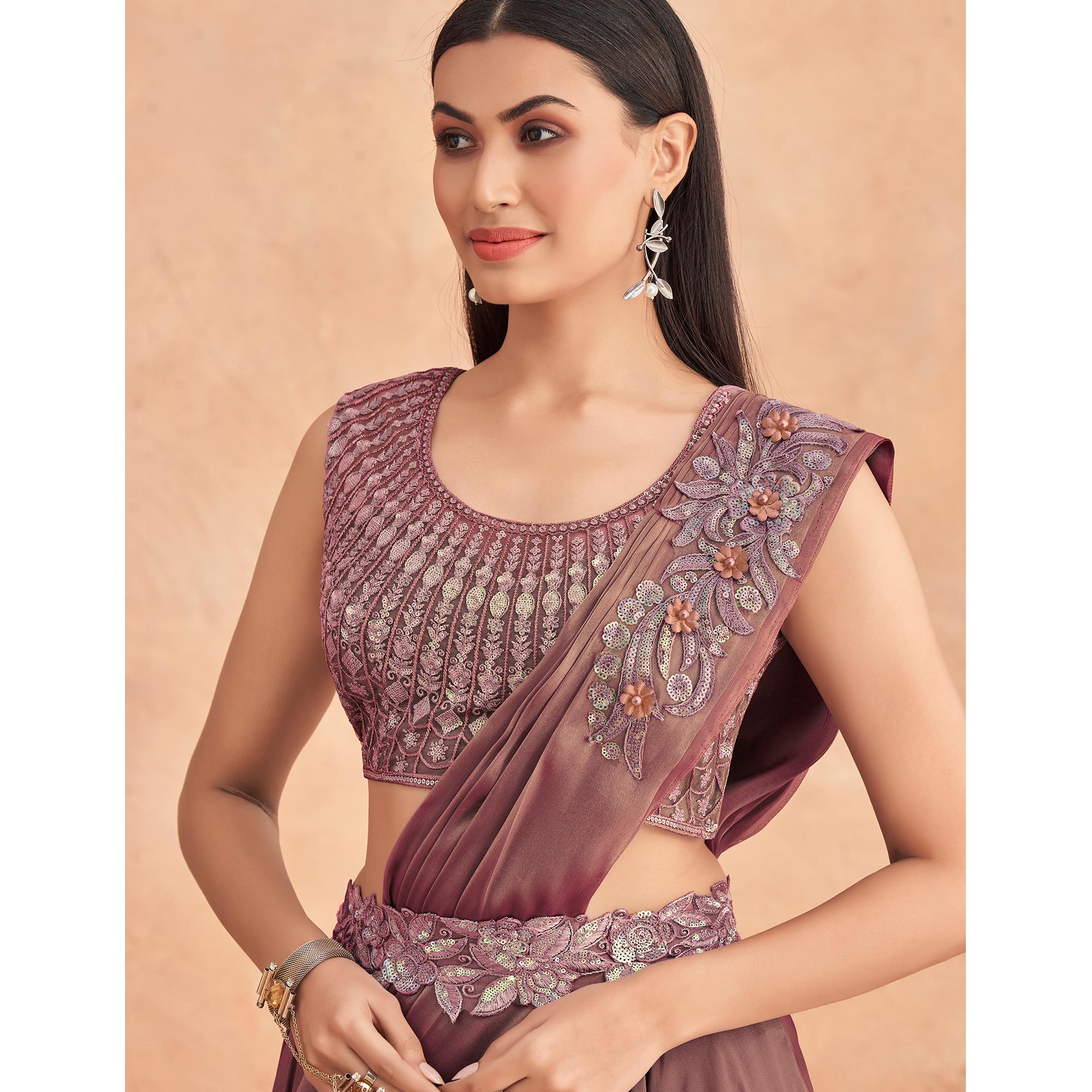 Rust Sequins Embroidered Ready To Wear Satin Silk Saree