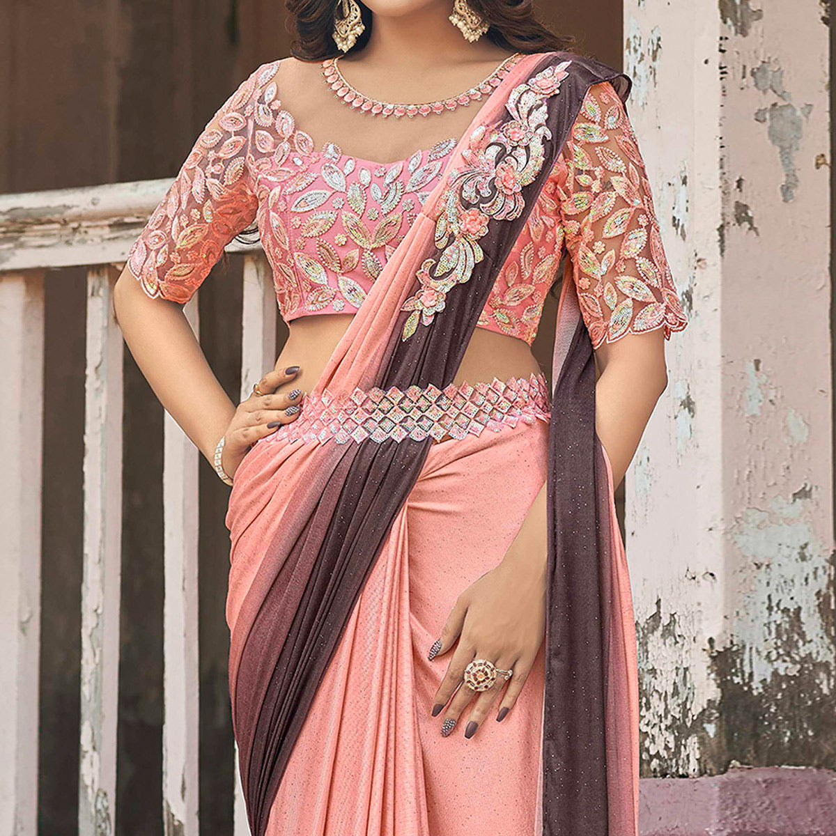 Peach Sequins Embroidered Ready To Wear Lycra Saree