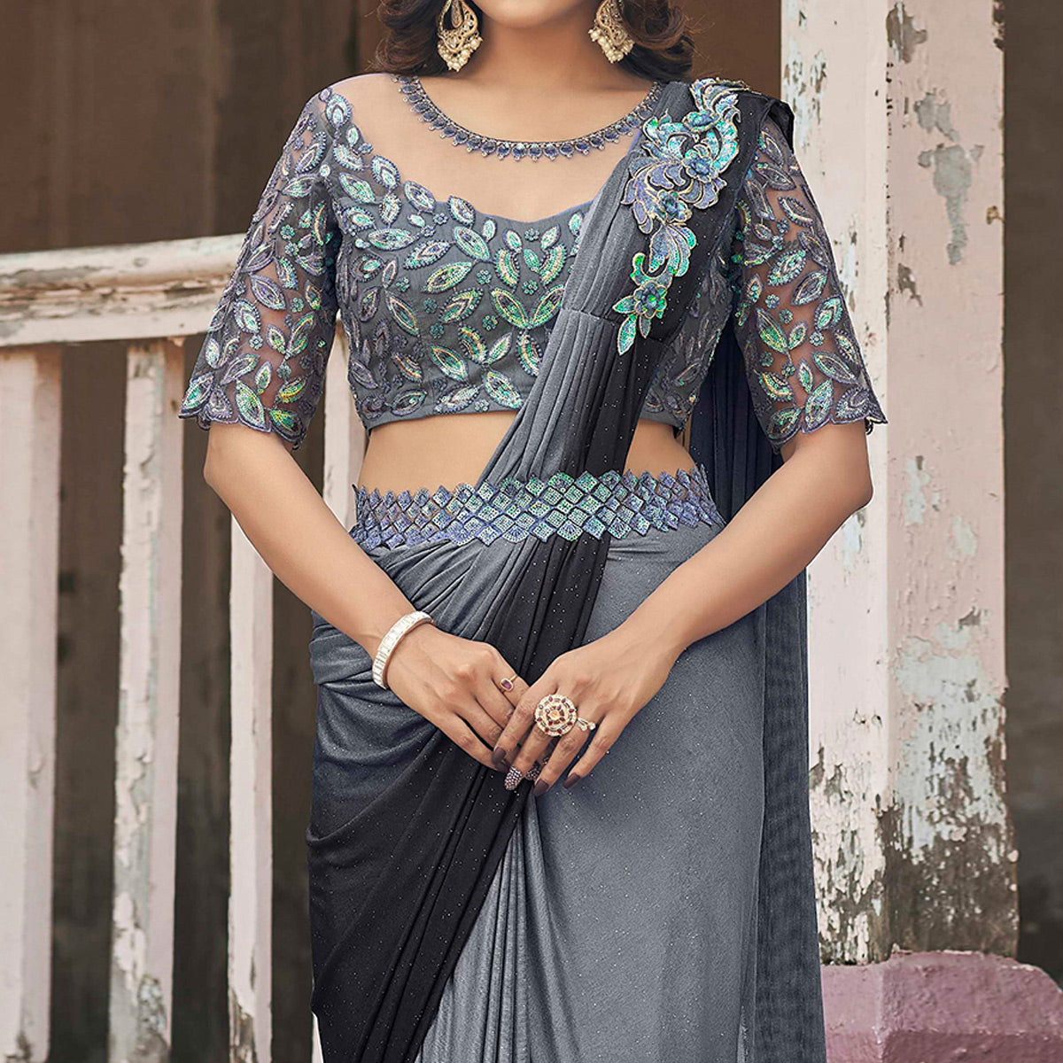 Grey Sequins Embroidered Ready To Wear Lycra Saree