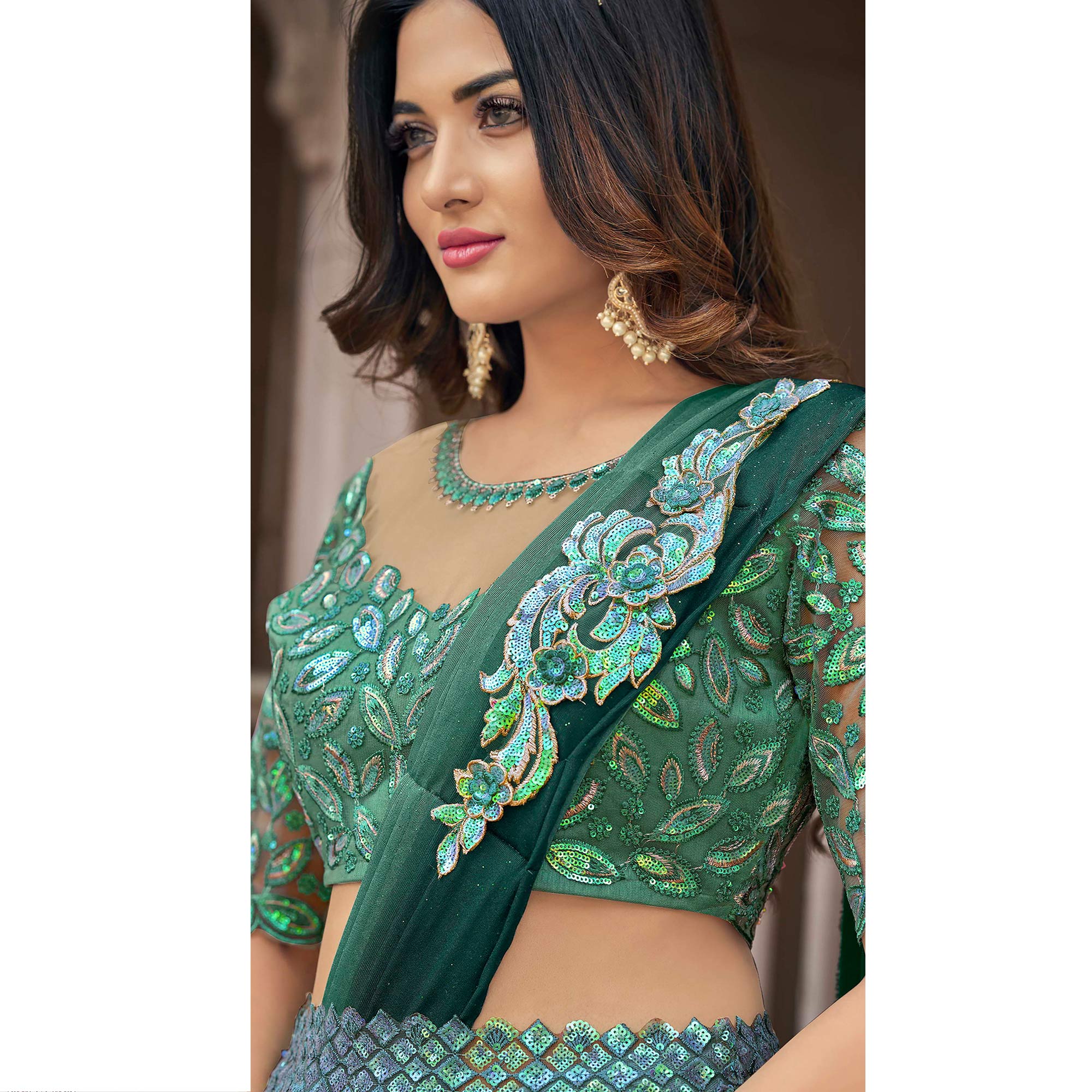 Green Sequins Embroidered Ready To Wear Lycra Saree