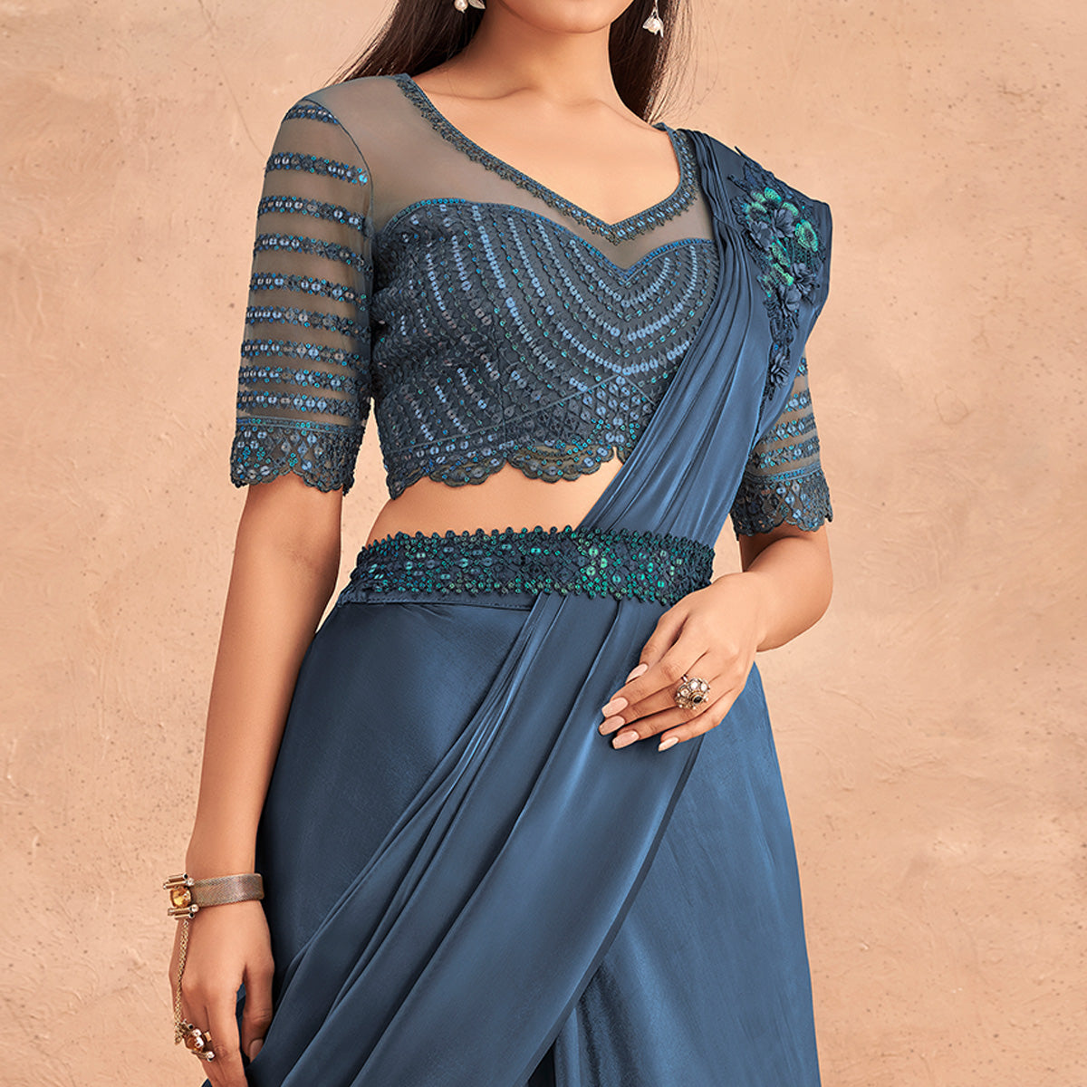 Blue Sequins Embroidered Ready To Wear Art Silk Saree