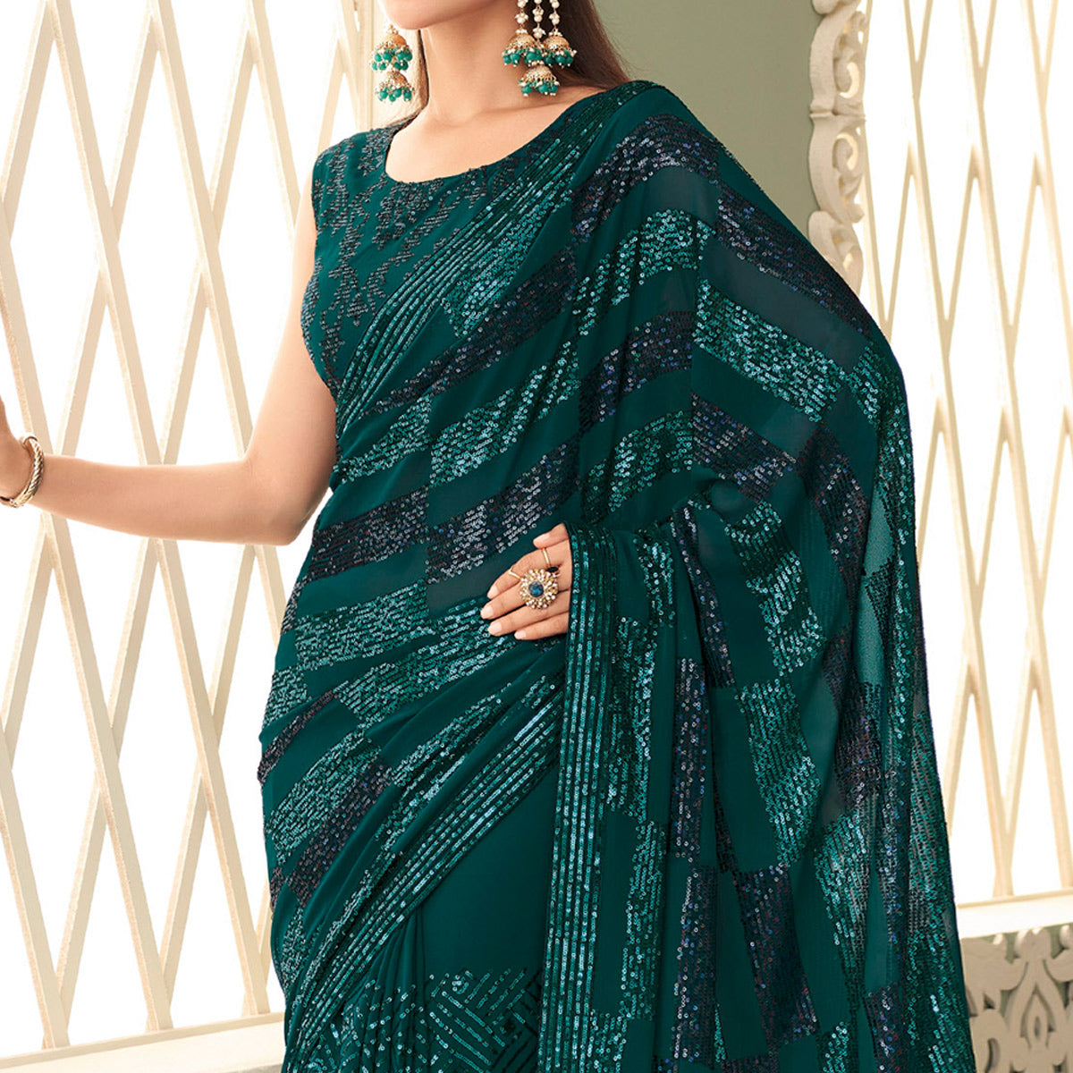 Peacock Green Sequins Embroidered Georgette Saree