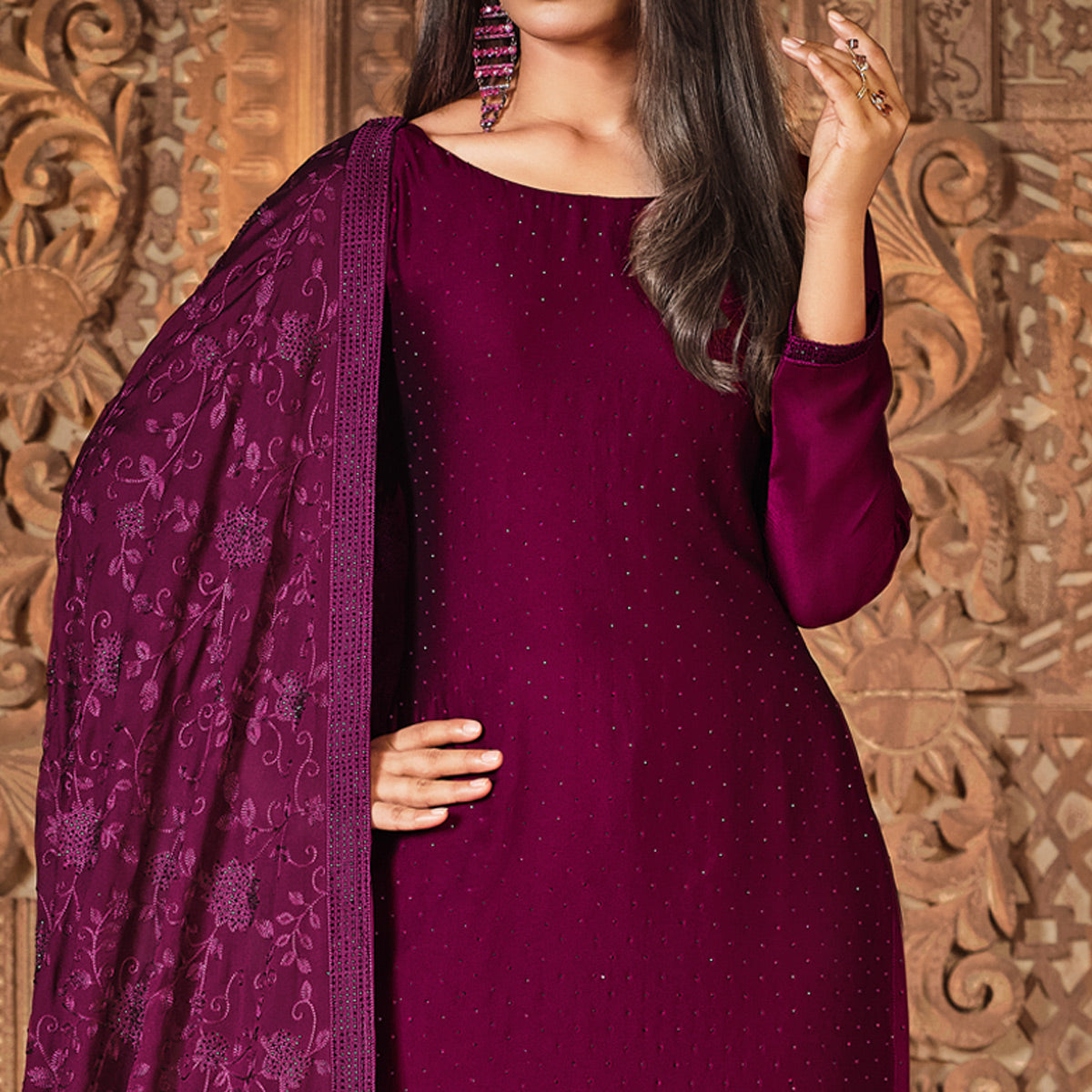 Magenta Diamond Work Georgette Semi Stitched Salwar Suit