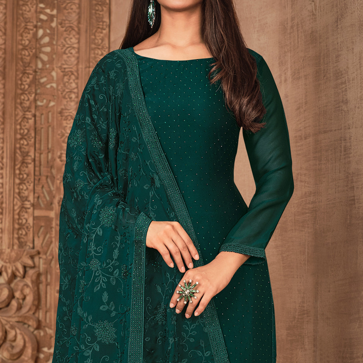 Green Diamond Work Georgette Semi Stitched Salwar Suit