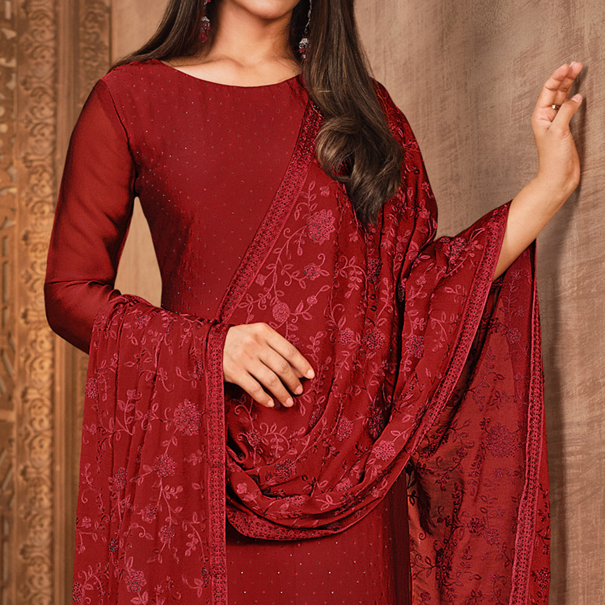 Red Diamond Work Georgette Semi Stitched Salwar Suit