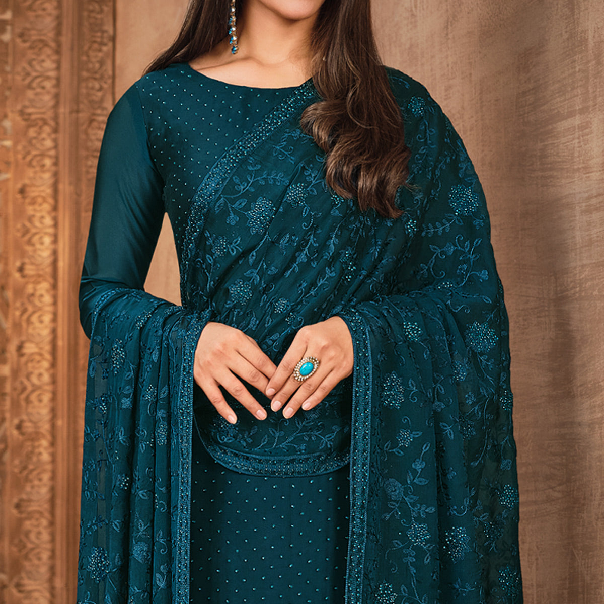 Teal Diamond Work Georgette Semi Stitched Salwar Suit