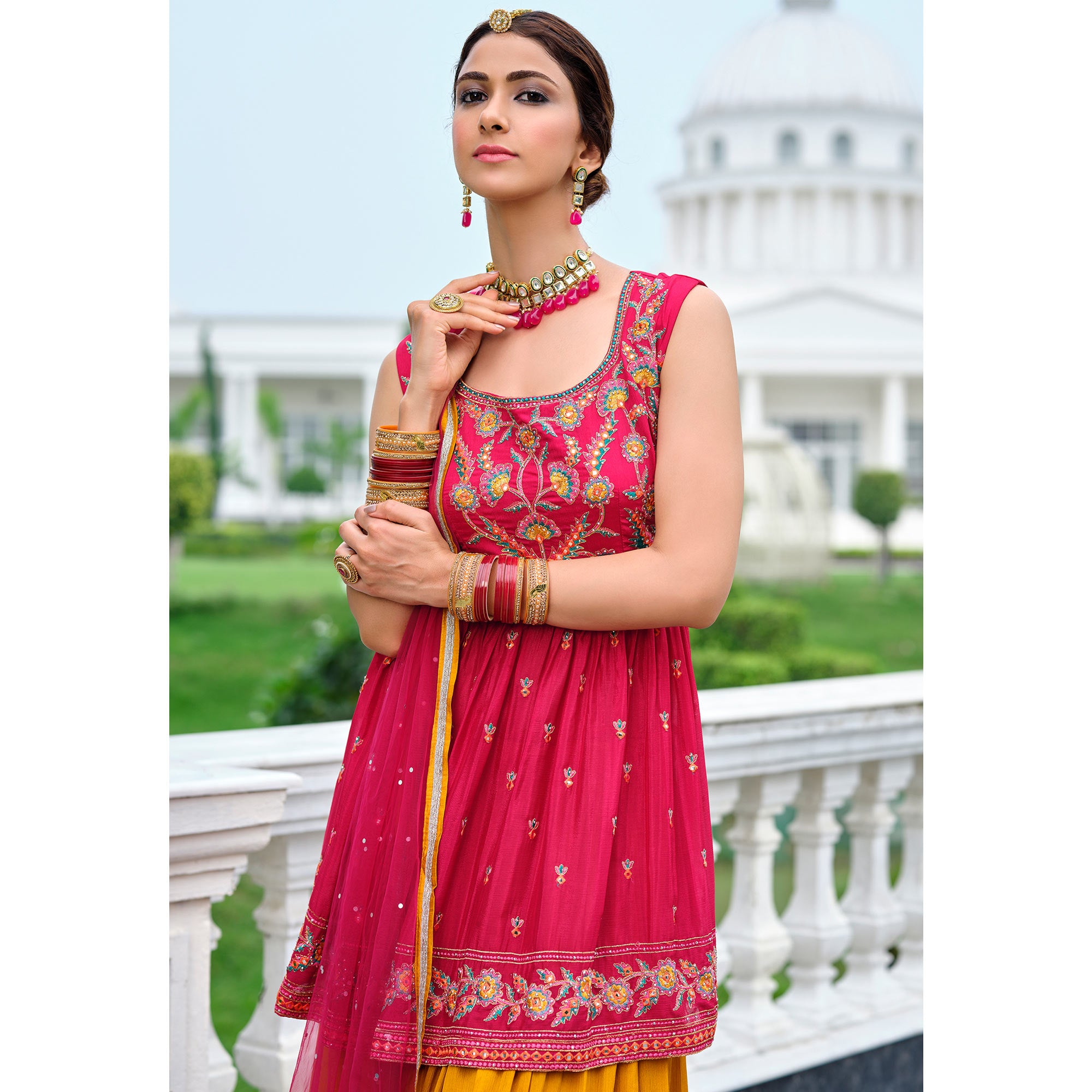 Pink Sequence Embroidered Viscose Kurti Palazzo Set