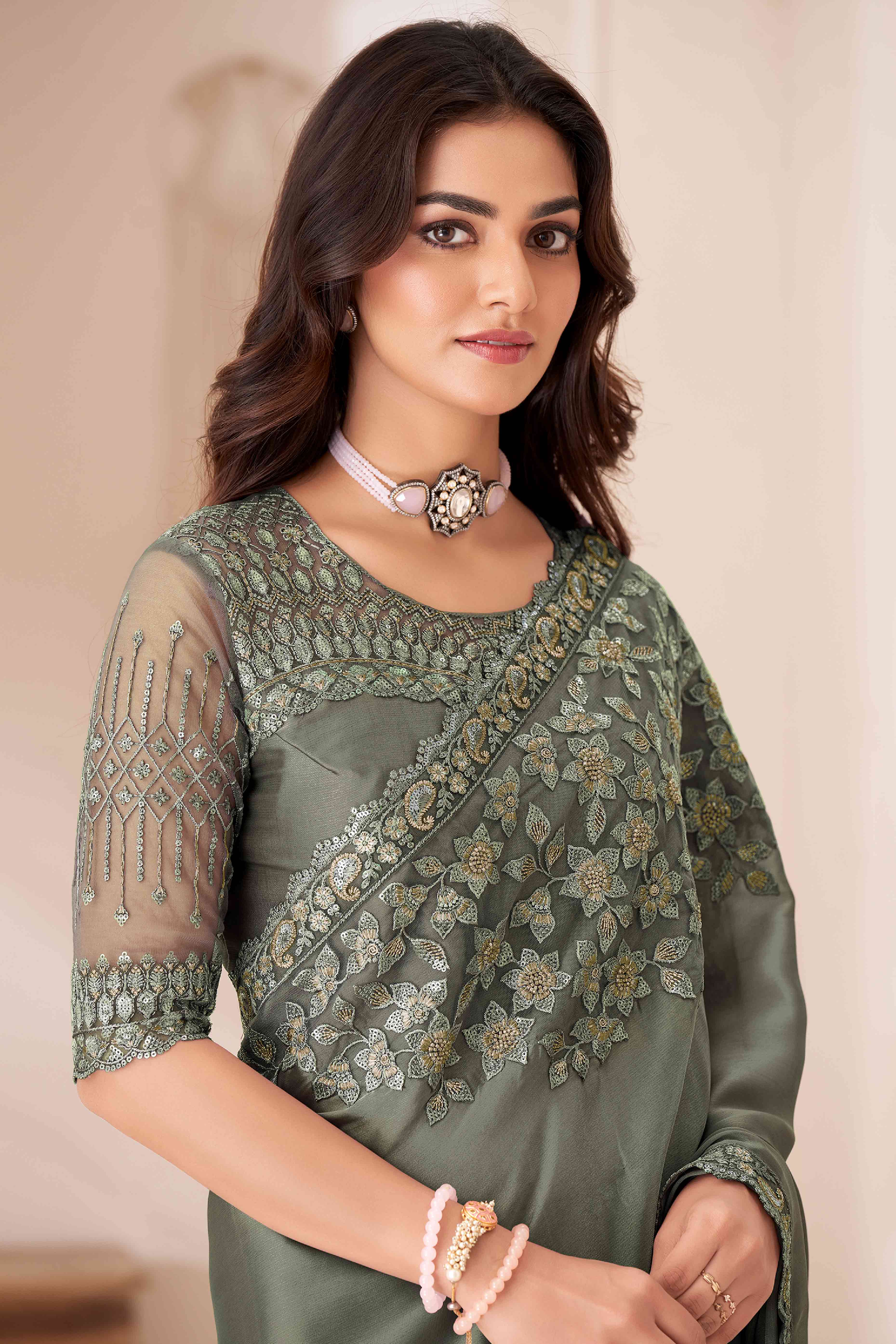 Dusty Grey Sequins Embroidered Satin Saree