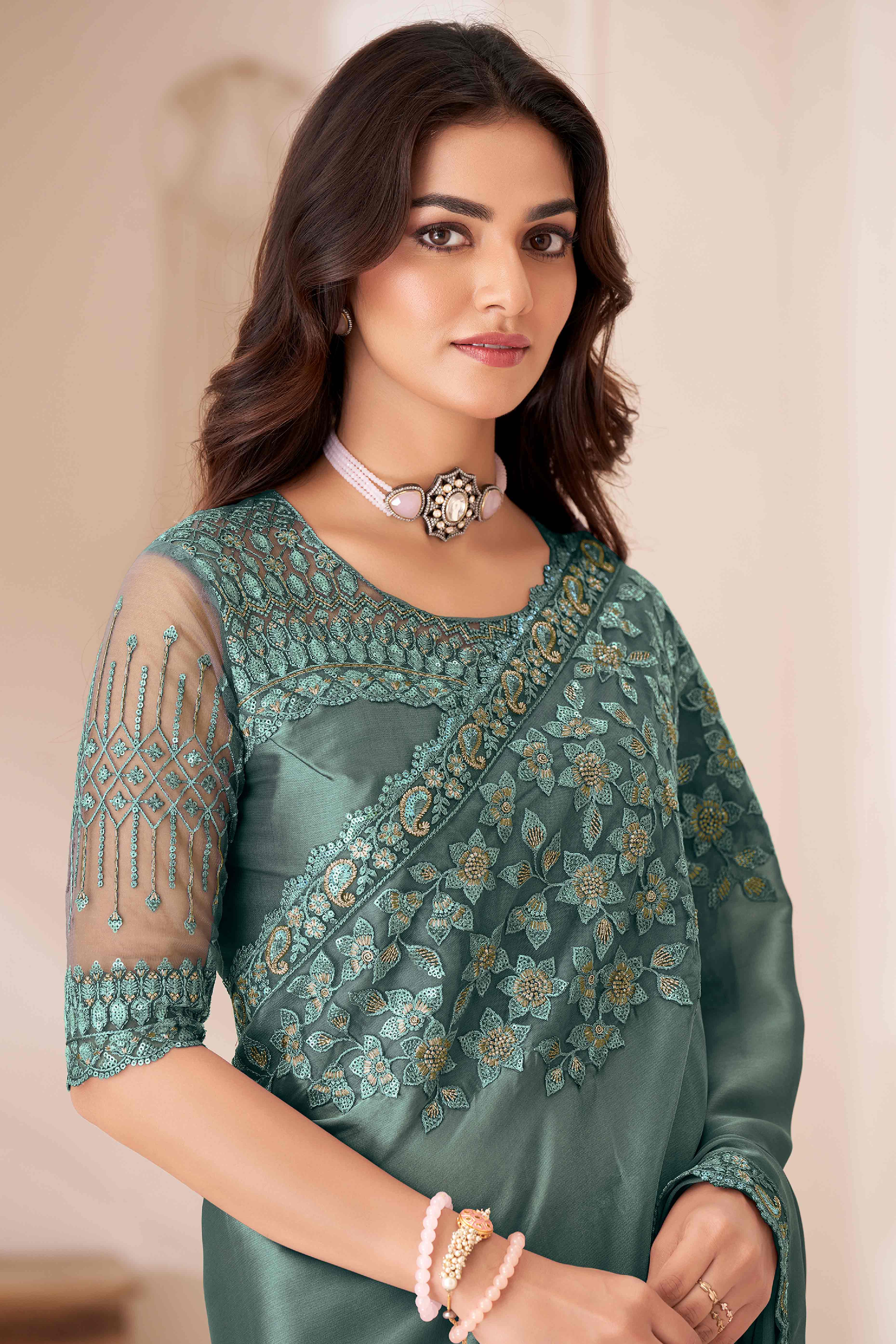 Sea Green Sequins Embroidered Satin Saree