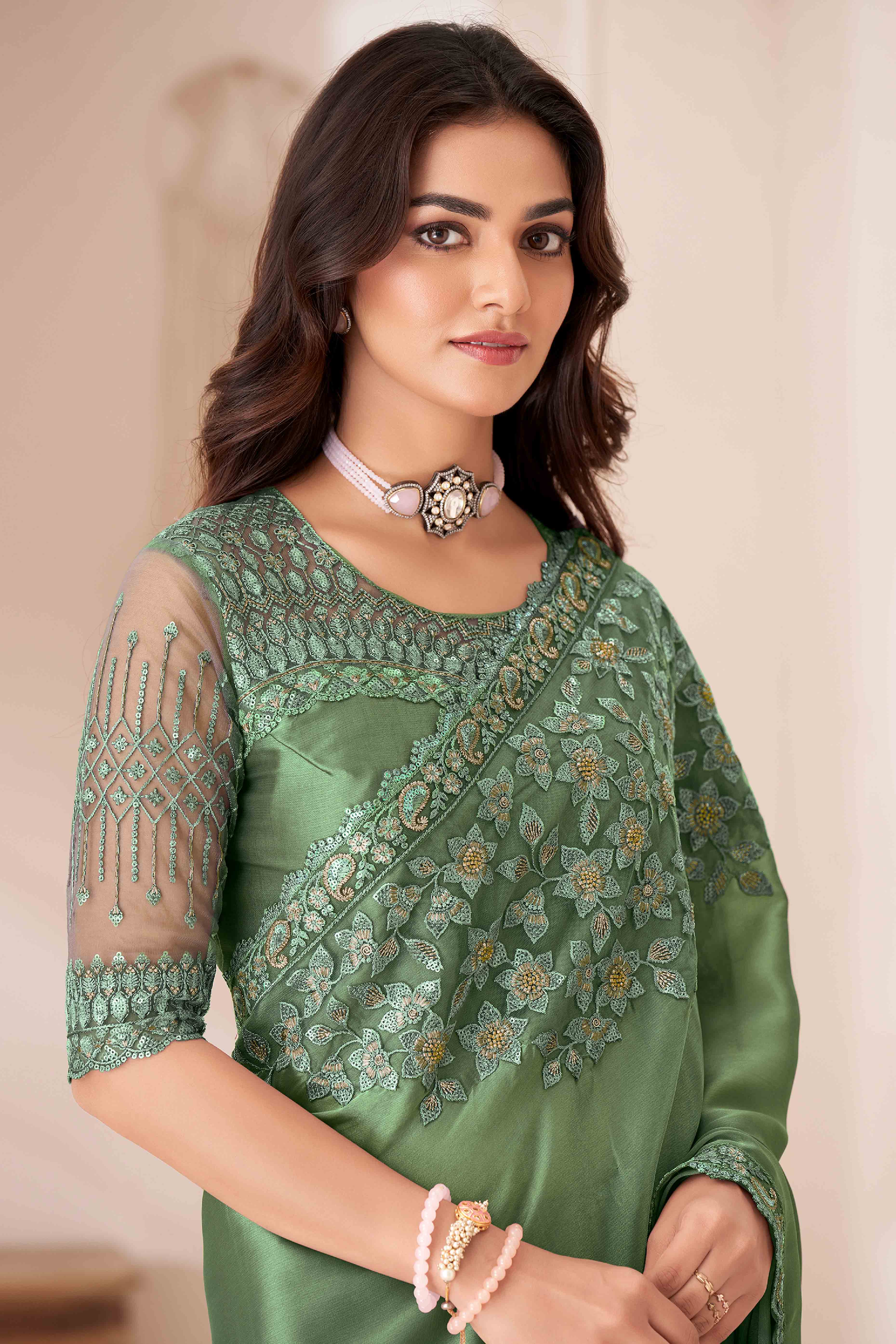 Green Sequins Embroidered Satin Saree