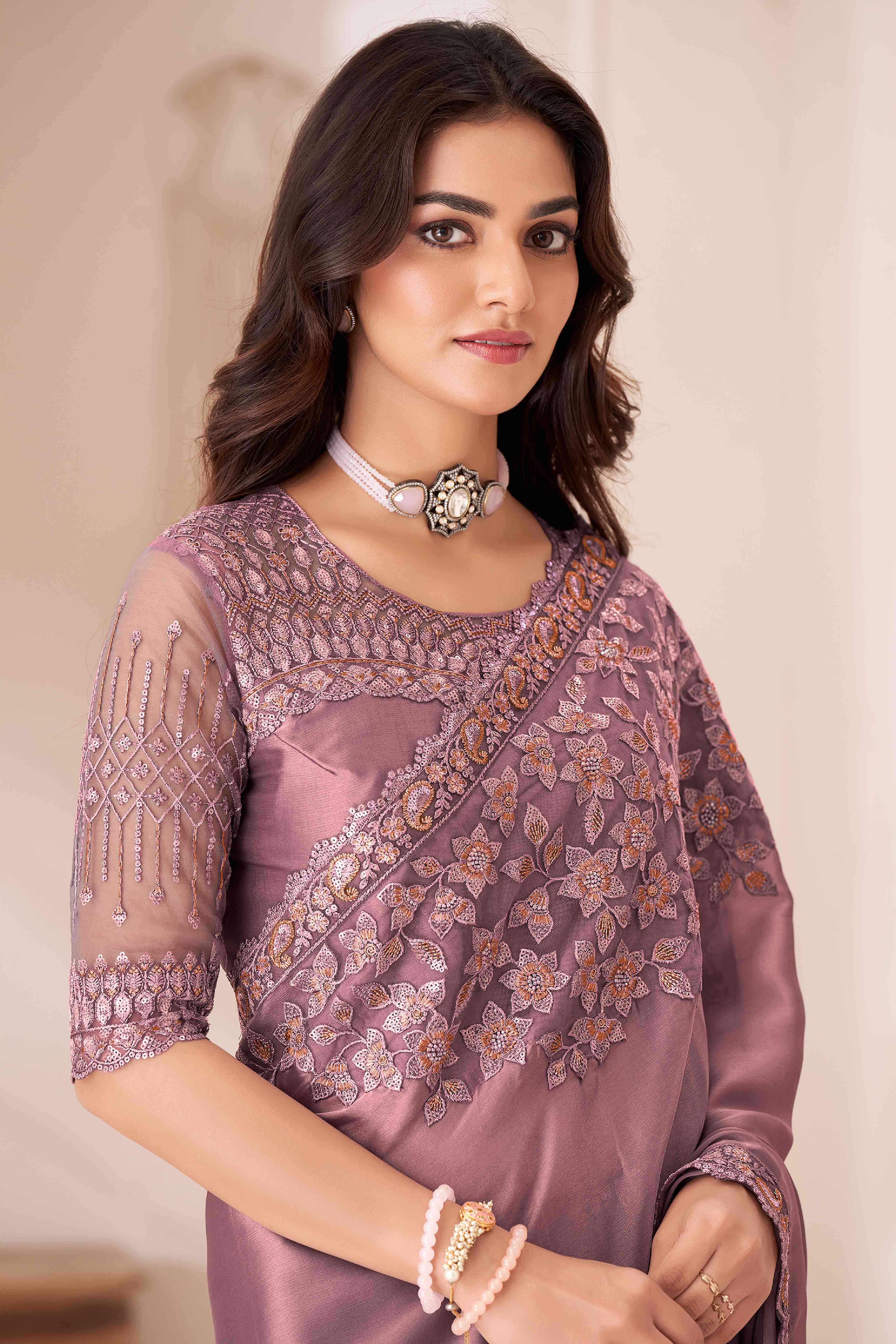 Dusty Rose Pink Sequins Embroidered Satin Saree