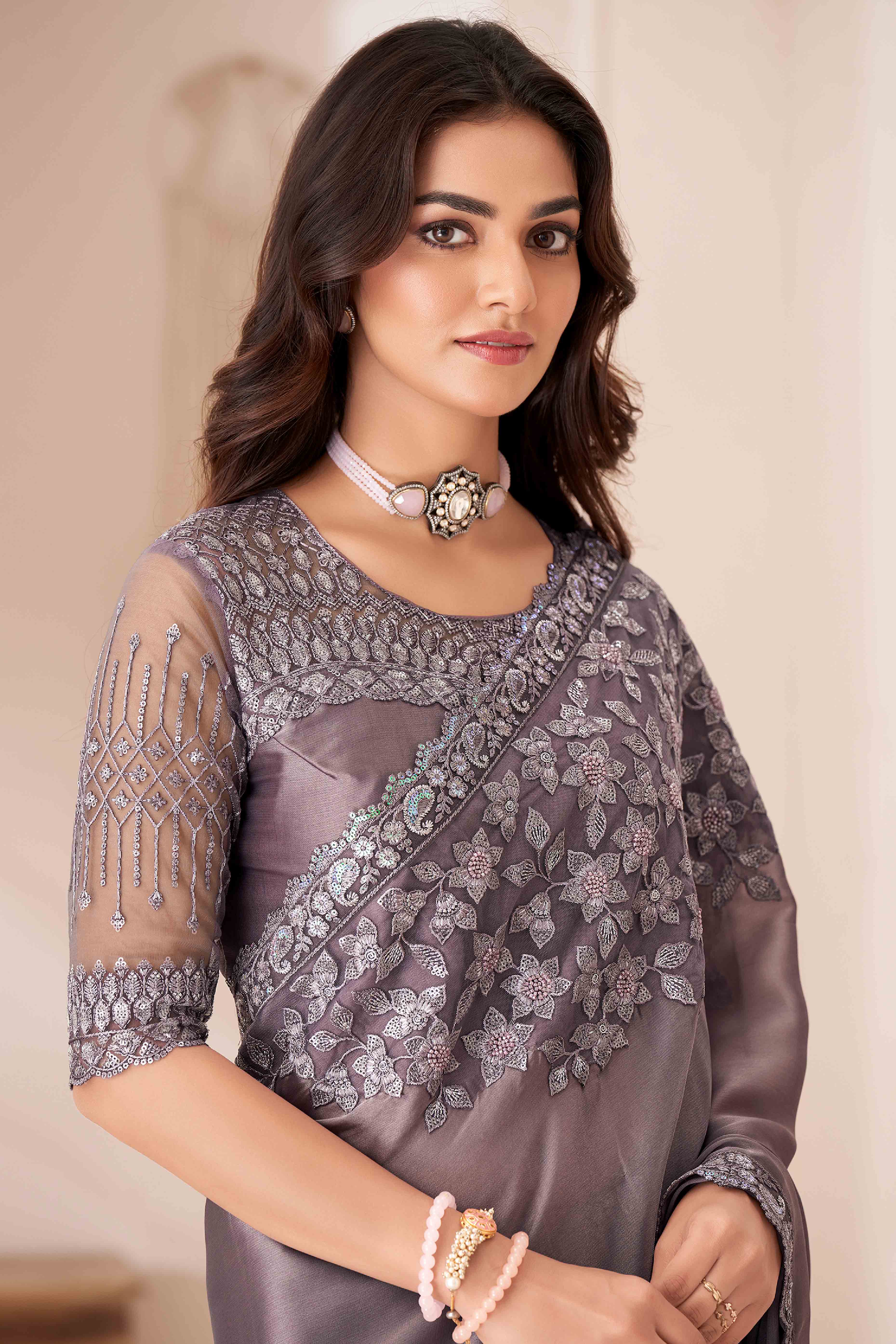 Dusty Purple Sequins Embroidered Satin Saree