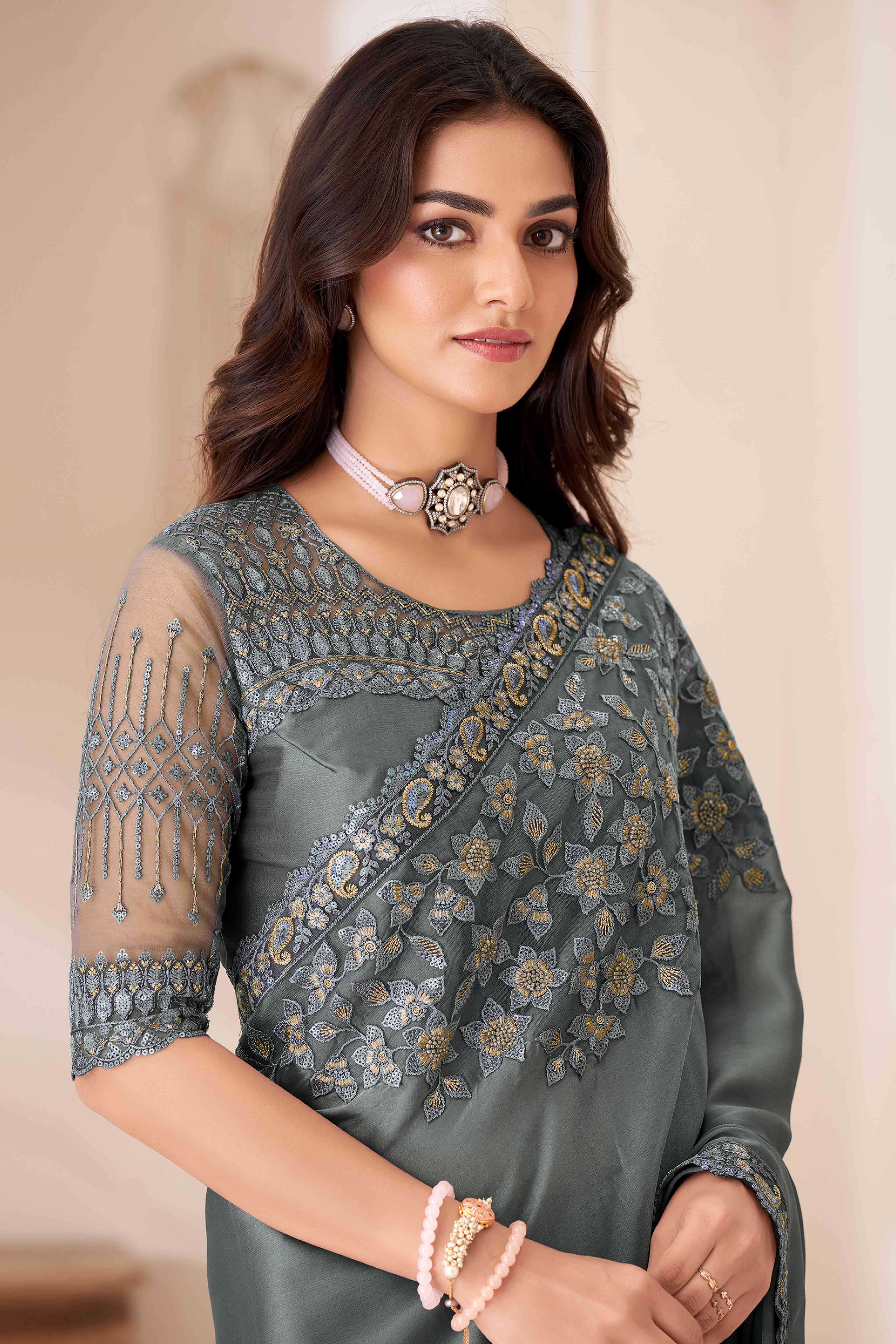 Grey Sequins Embroidered Satin Saree