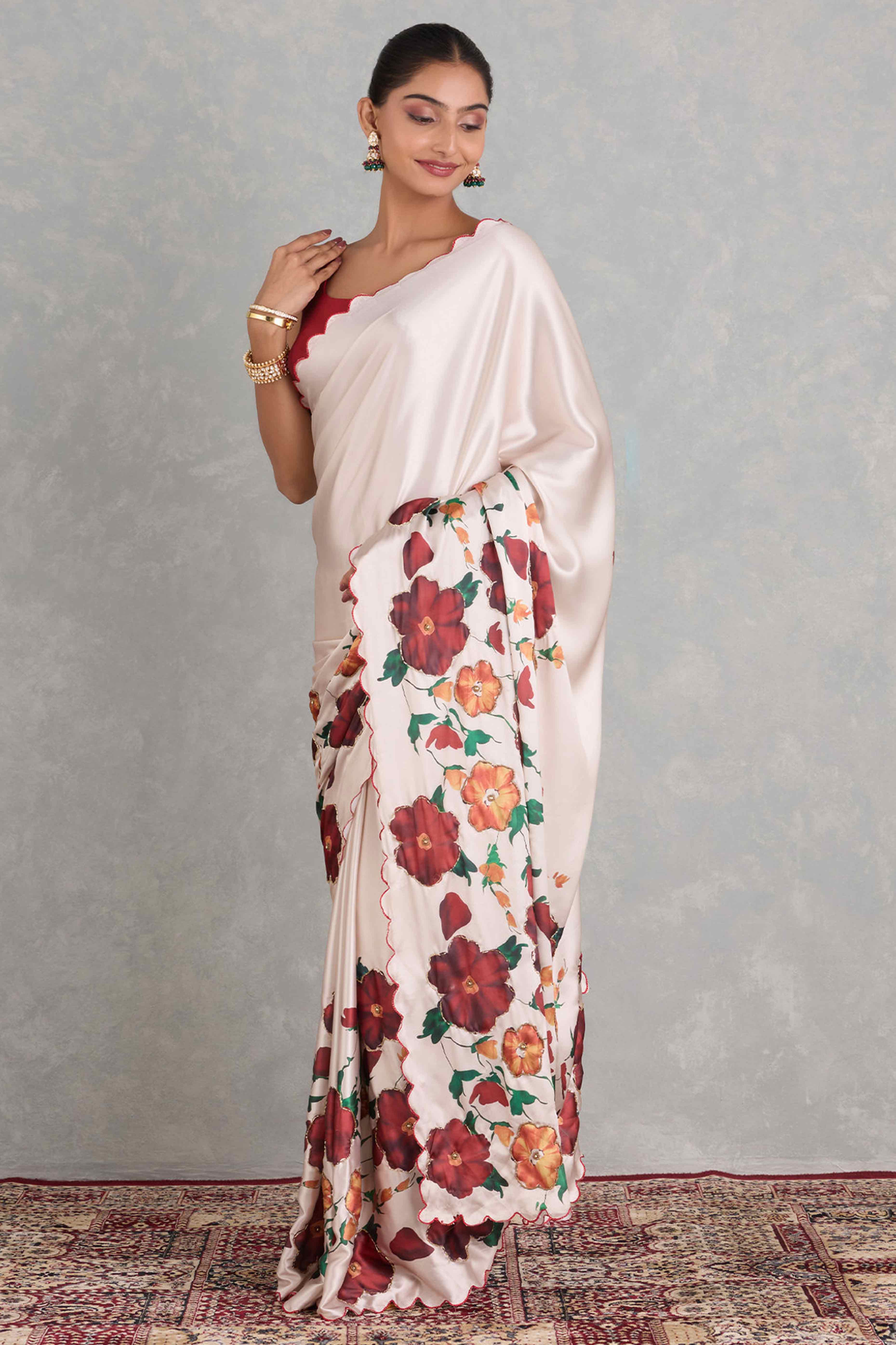 Off White Saree with Floral Prints on Soft Japan Satin