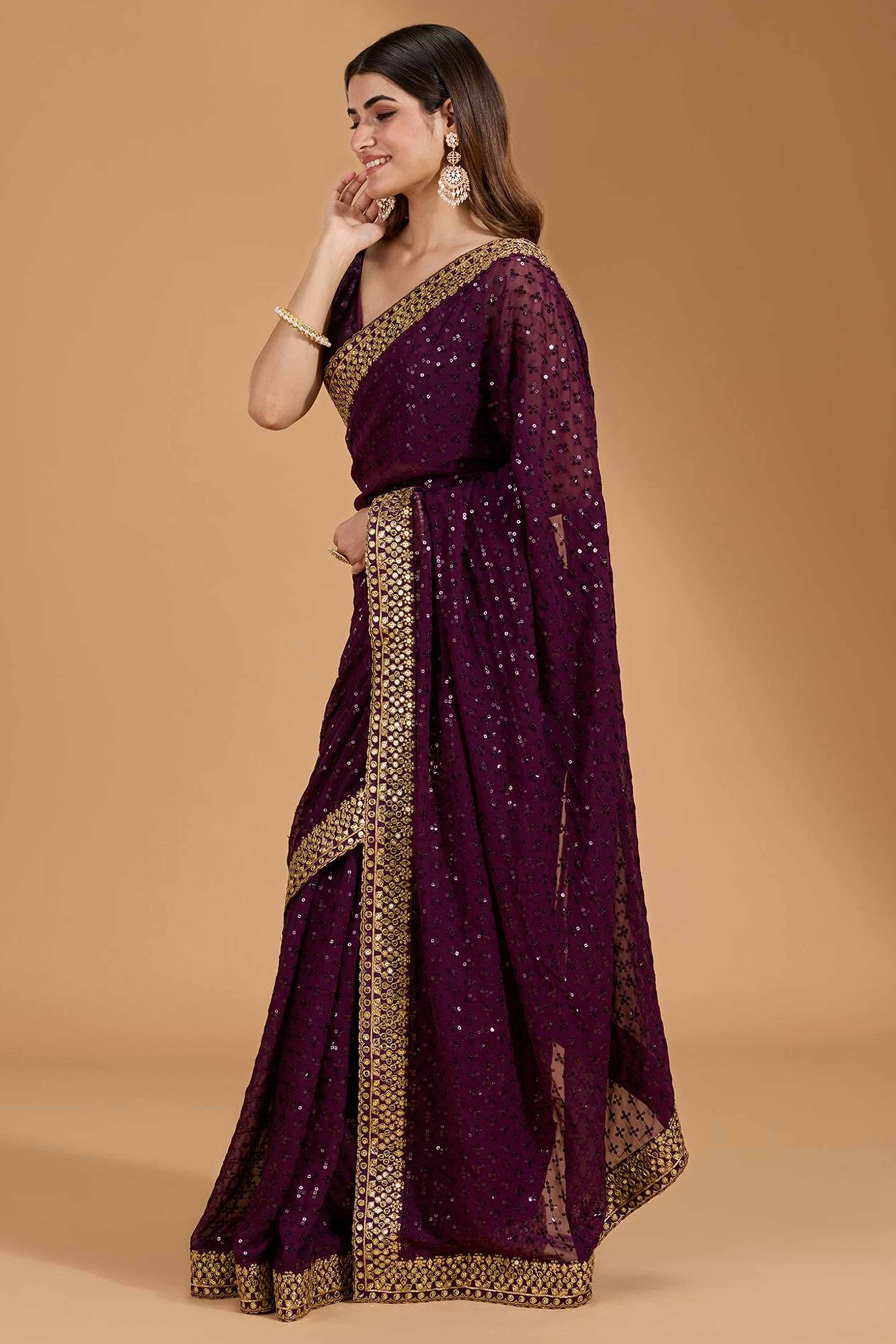Wine Georgette Saree Accentuated with Elegant Sequin Embellishments